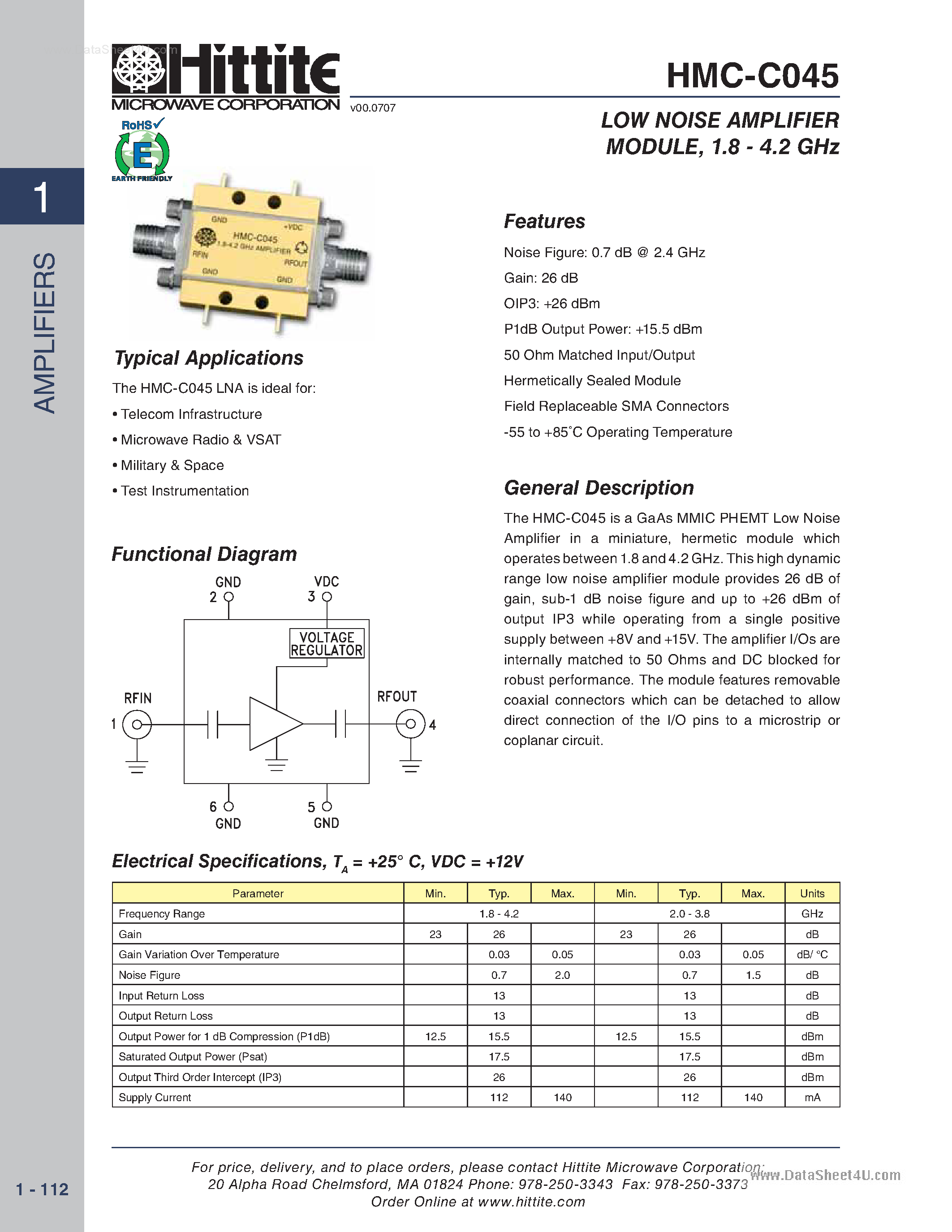 Datasheet HMC-C045 page 1 Datasheet HMC-C045 - LOW NOISE AMPLIFIER MODULE page 1