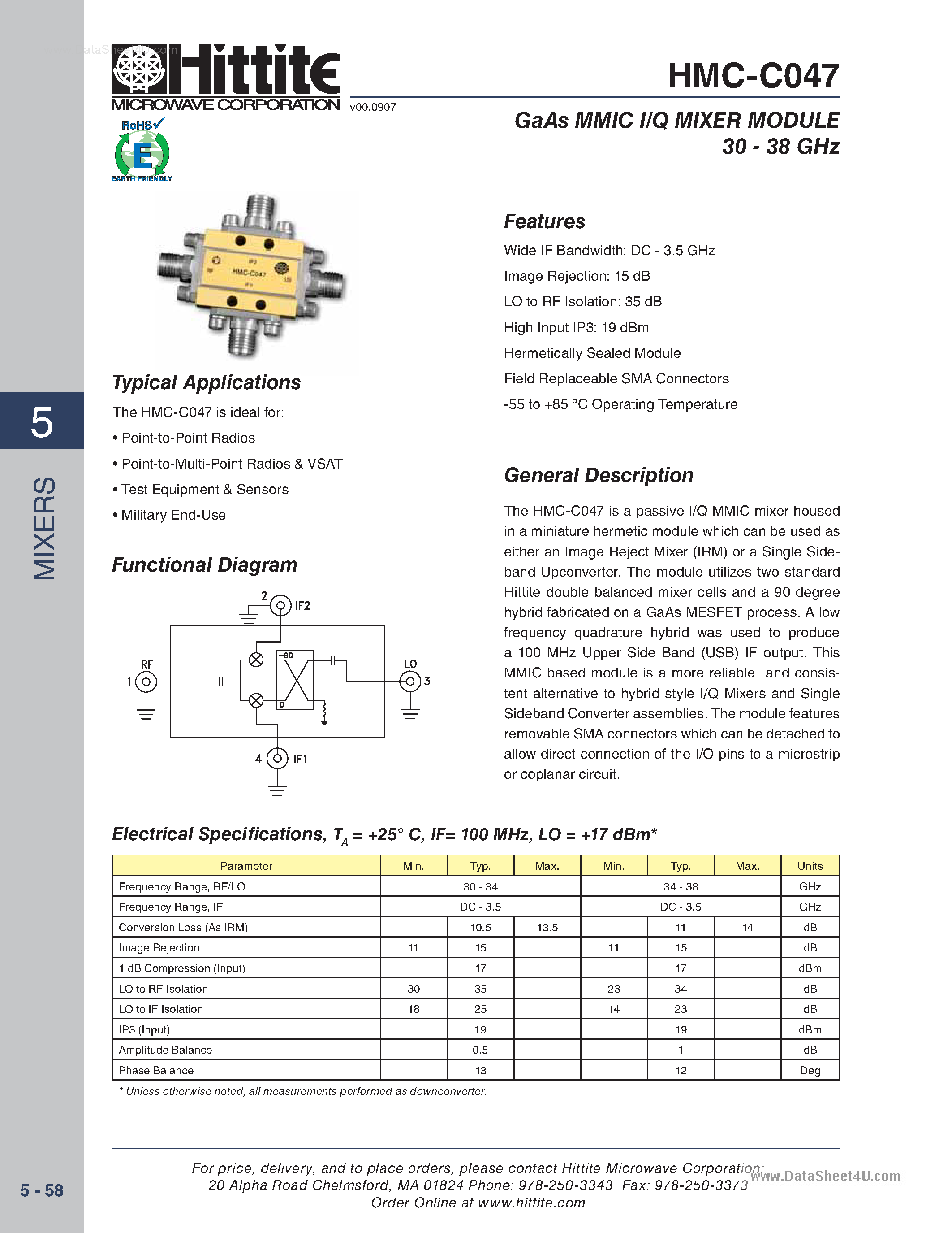 Даташит на микросхему HMC-C047 страница 1 Даташит HMC-C047 - GaAs MMIC I/Q MIXER MODULE страница 1