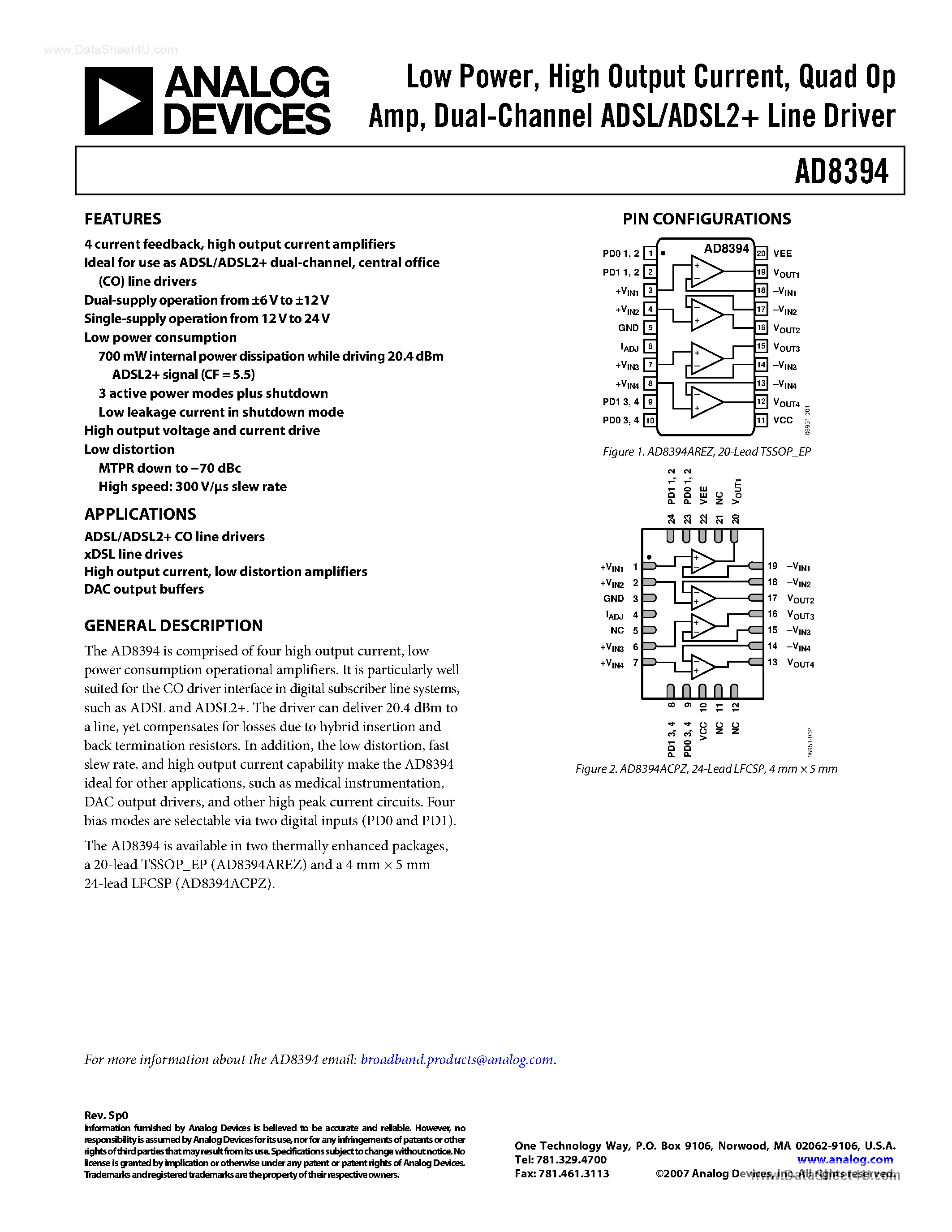 Datasheet AD8394 - Dual-Channel ADSL/ADSL2+ Line Driver page 1