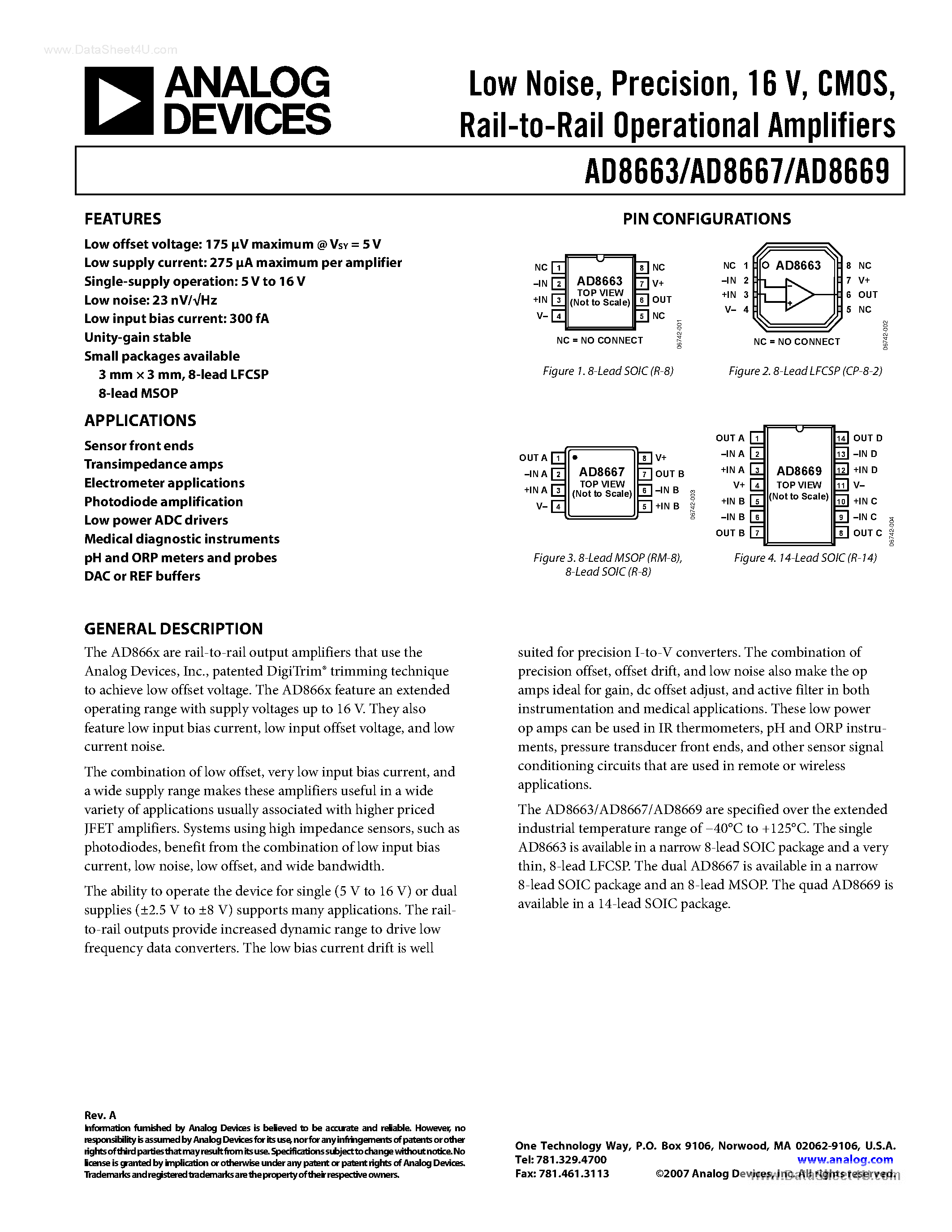 Даташит на микросхему AD8663 страница 1 Даташит AD8663 - (AD8663 - AD8669) Rail-to-Rail Operational Amplifier страница 1
