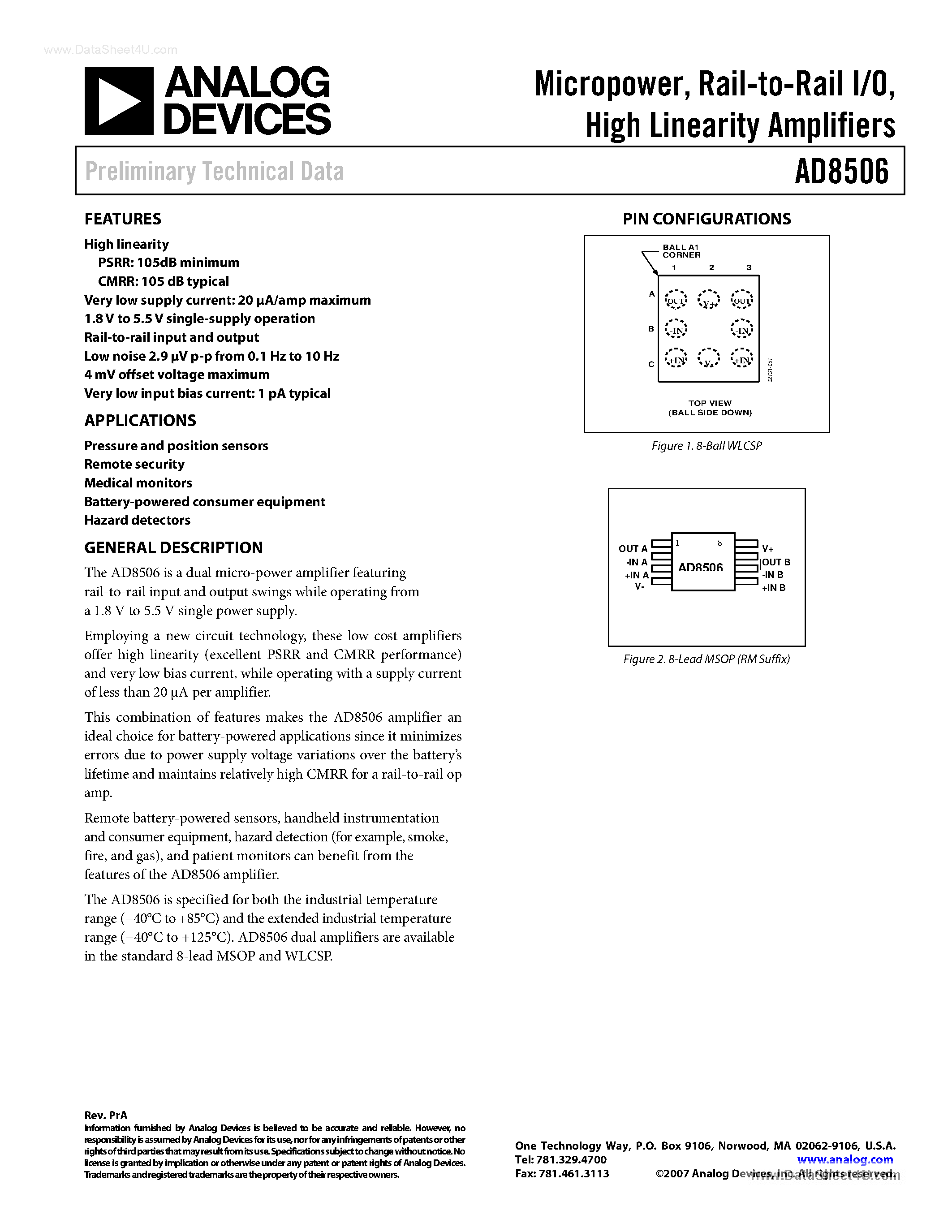 Datasheet AD8506 page 1 Datasheet AD8506 - High Linearity Amplifiers page 1