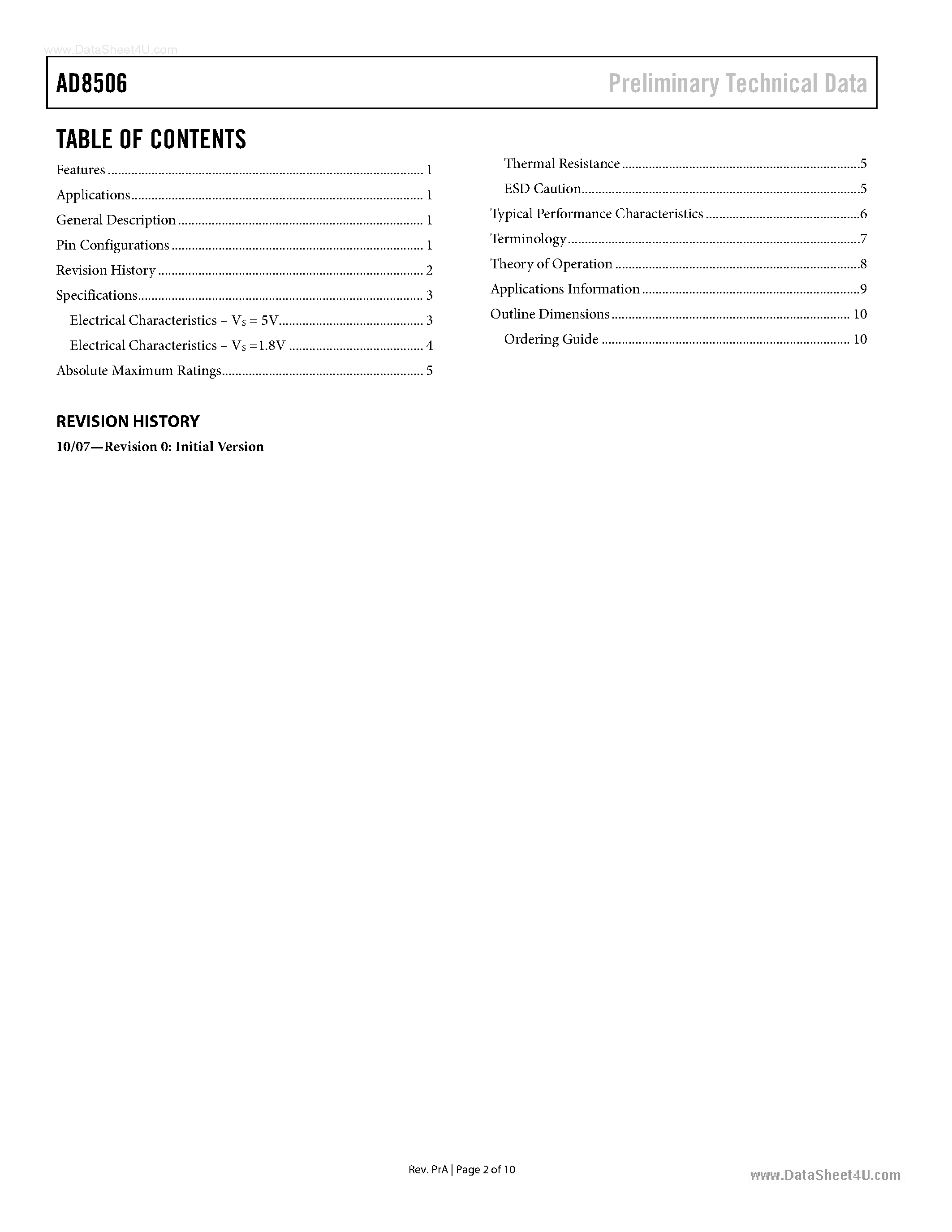 Datasheet AD8506 page 2 Datasheet AD8506 - High Linearity Amplifiers page 2