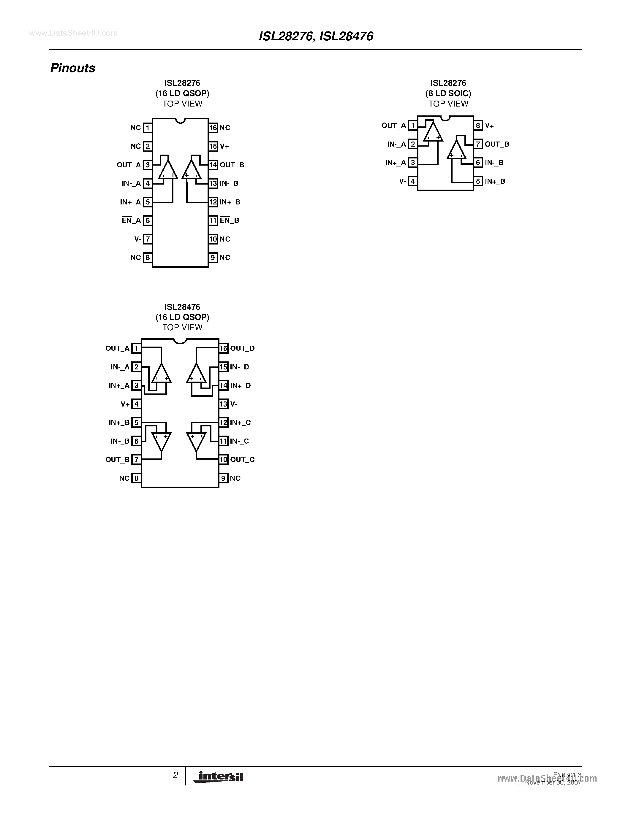 Даташит ISL28276 - (ISL28276 / ISL28476) Quad Precision Micropower Single Supply Rail-to-Rail Input And Output Precision Op Amps страница 2