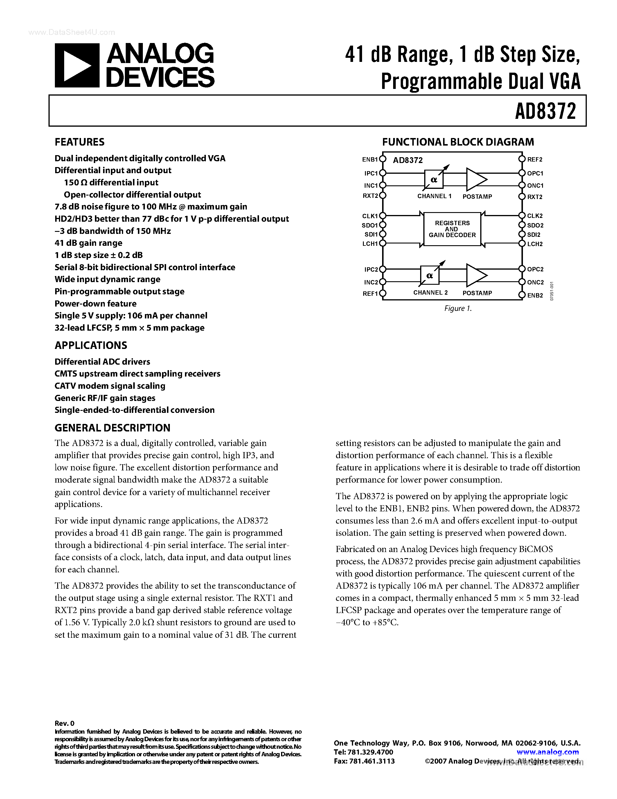 Datasheet AD8372 - Programmable Dual VGA page 1