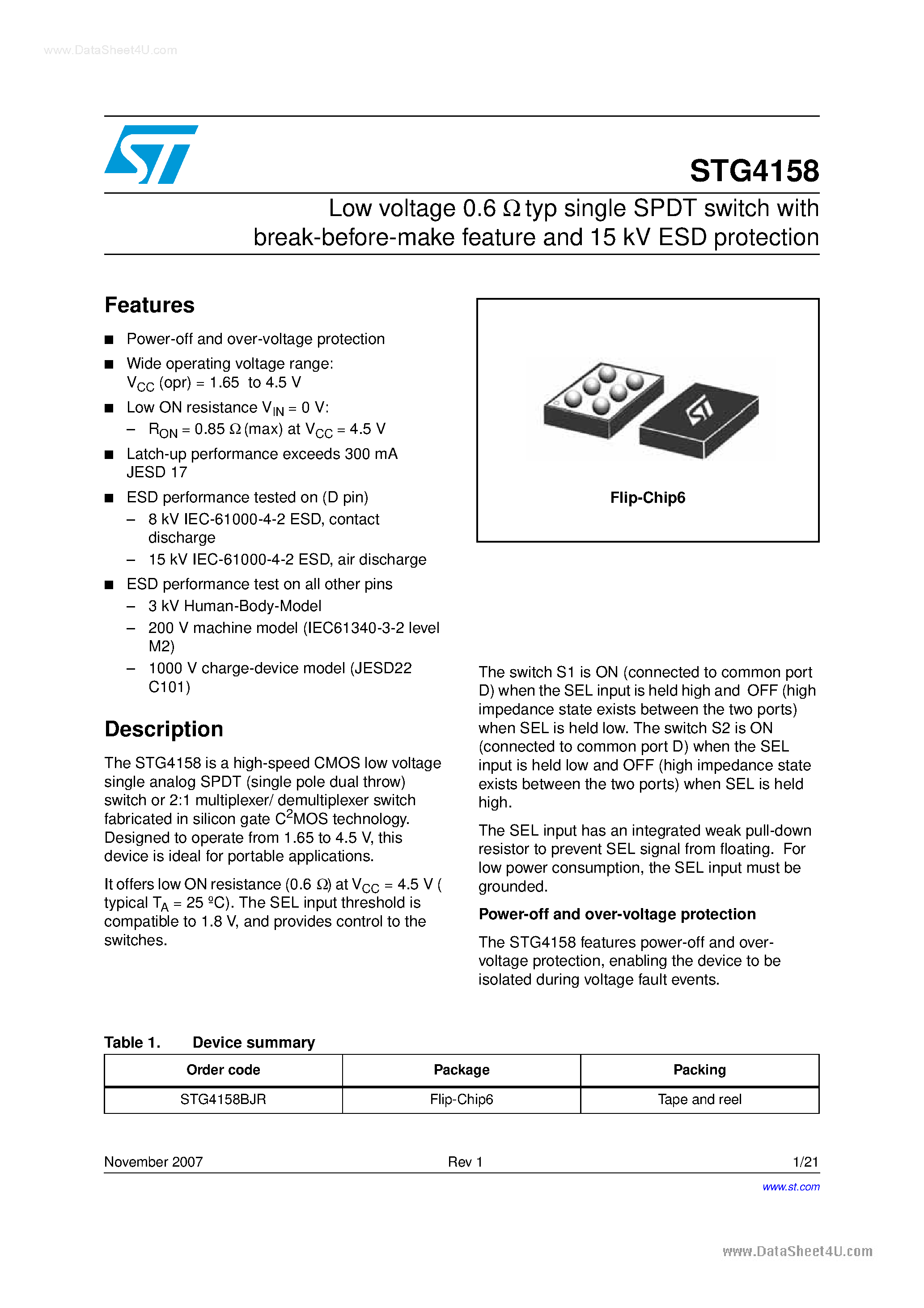 Datasheet STG4158 - Low voltage 0.6 ohm typ single SPDT switch page 1