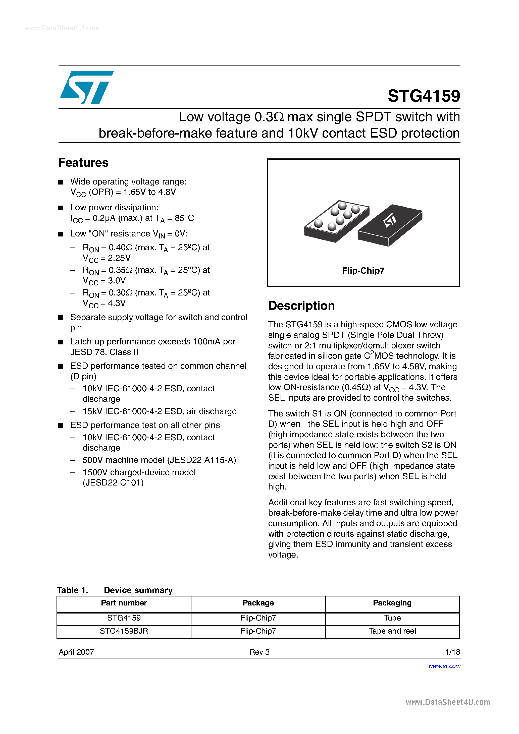 Datasheet STG4159 - Low voltage 0.3 Ohm max single SPDT switch page 1