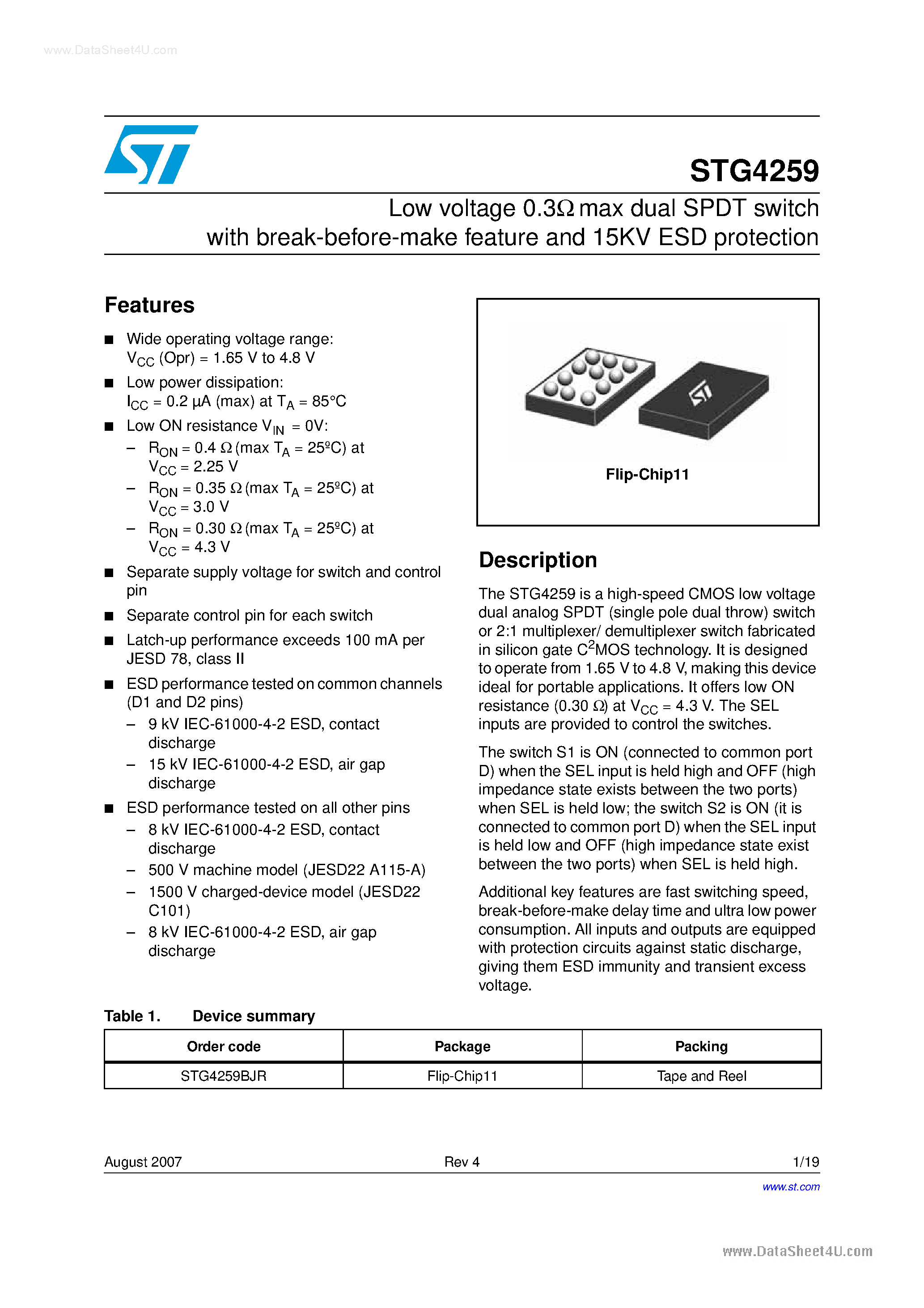 Datasheet STG4259 - Low voltage 0.3 Ohm max dual SPDT switch page 1