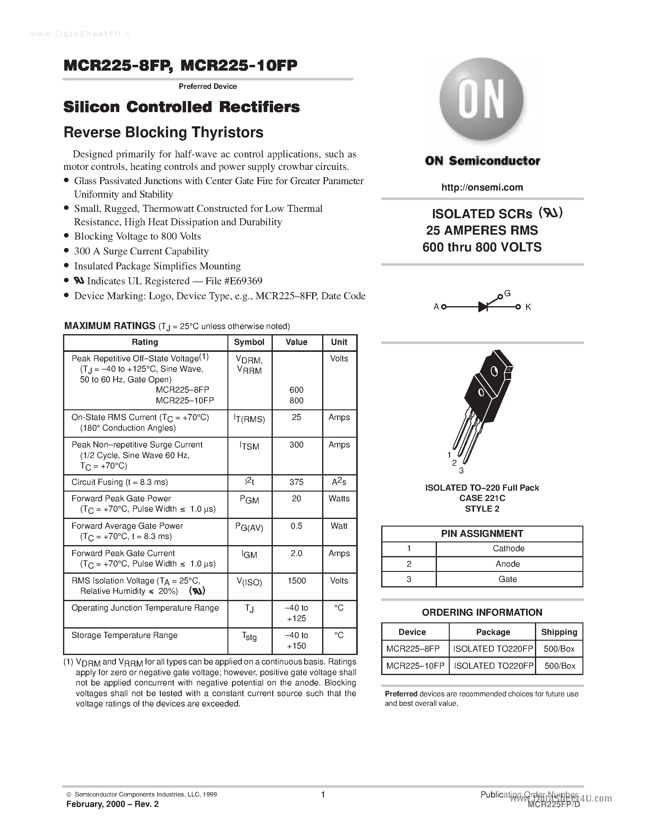 Datasheet MCR225-10FP - ISOLATED SCRs 25 AMPERES RMS 600 thru 800 VOLTS page 1