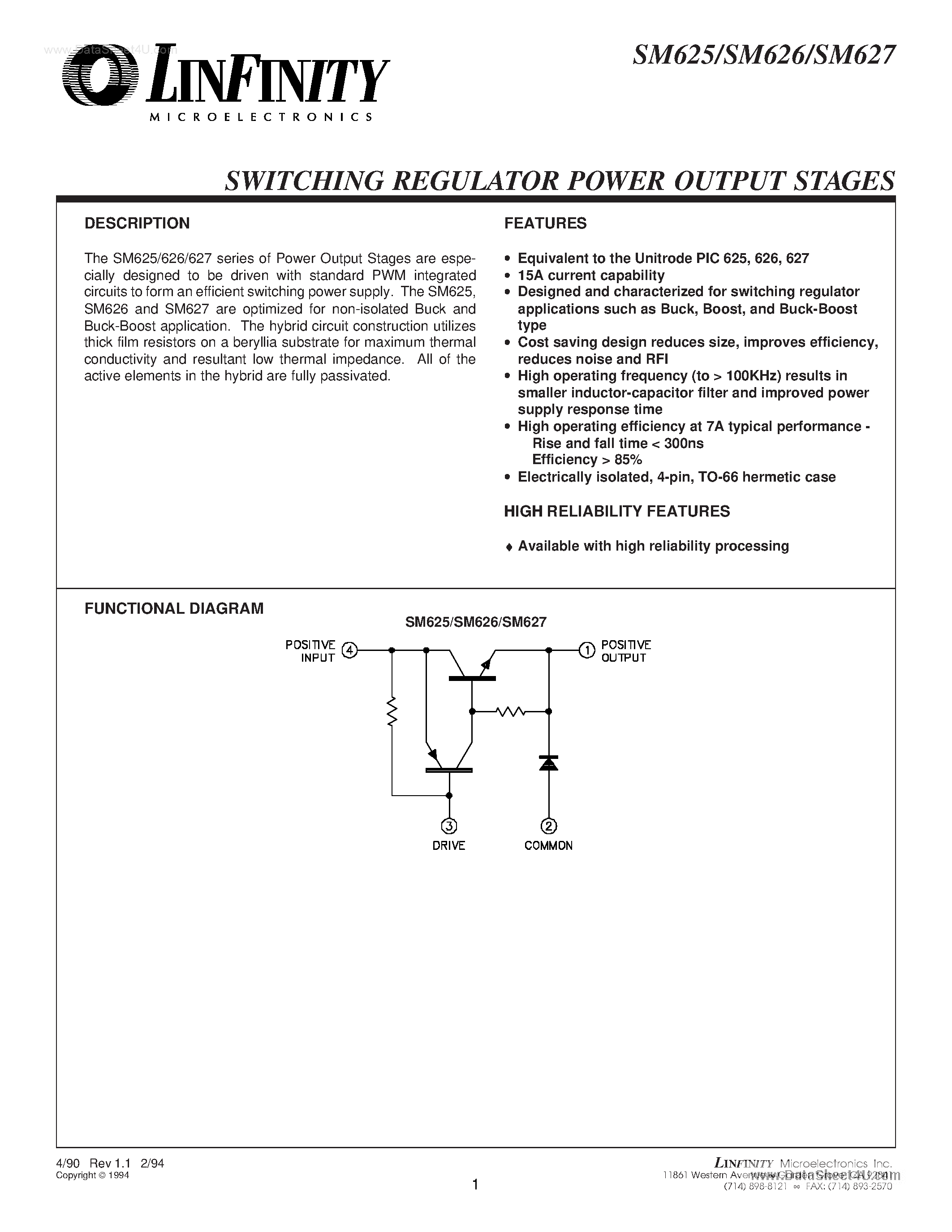 Datasheet SM626 page 1 Datasheet SM626 - (SM62x) SWITCHING REGULATOR POWER OUTPUT STAGES page 1