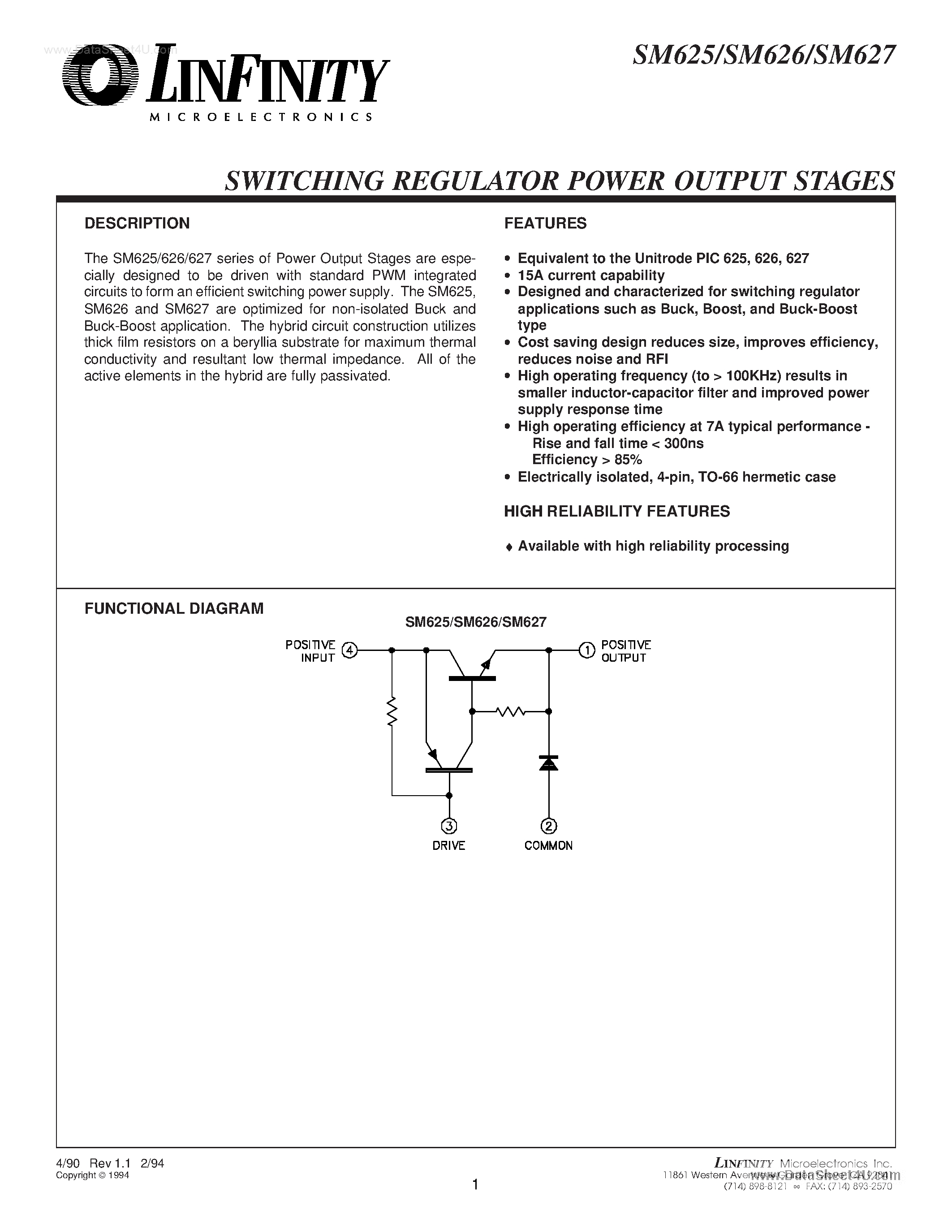 Datasheet SM626 - (SM62x) SWITCHING REGULATOR POWER OUTPUT STAGES page 1