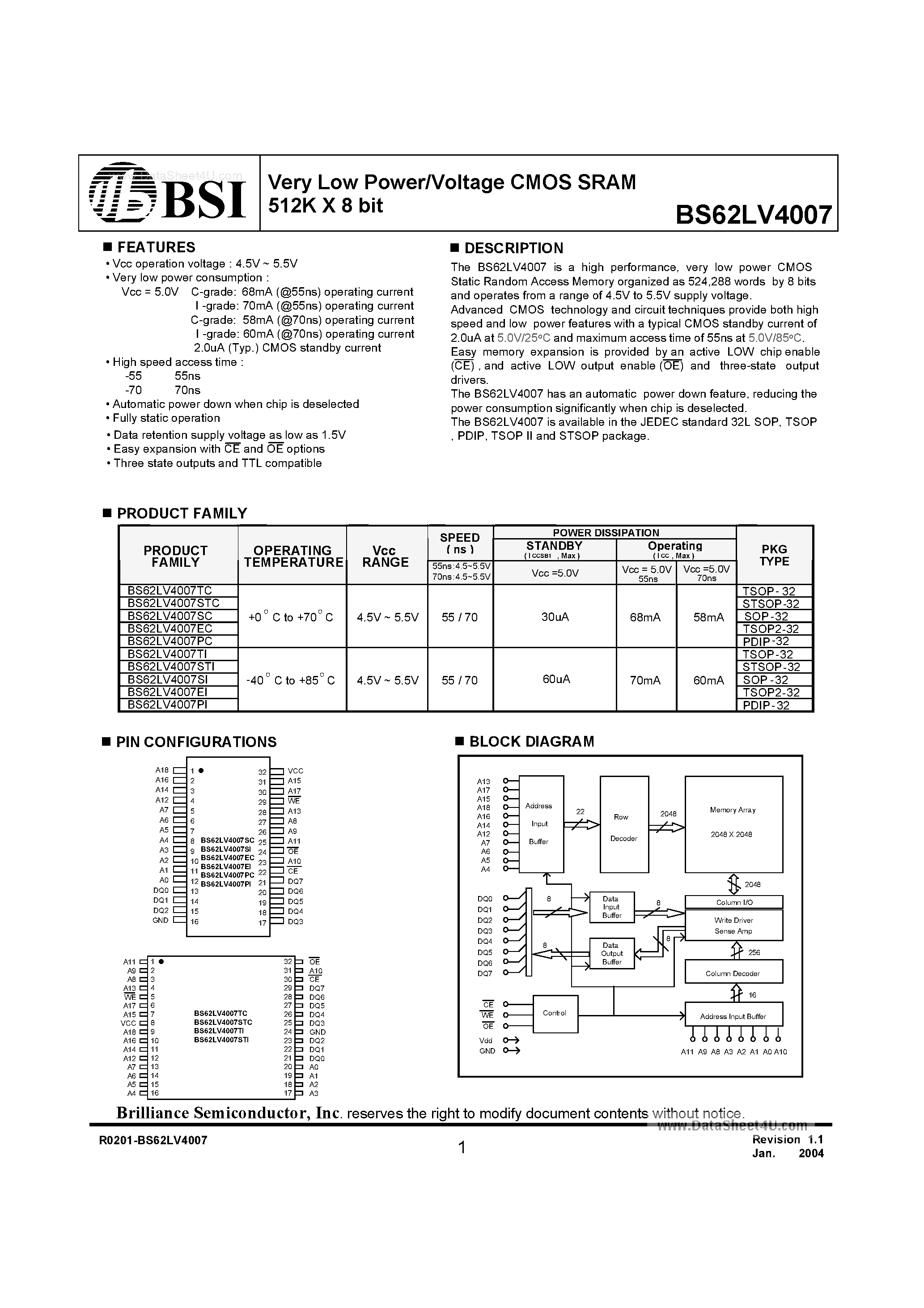 Даташит BS62LV4007 - Very Low Power/Voltage CMOS SRAM 512K X 8 bit страница 1