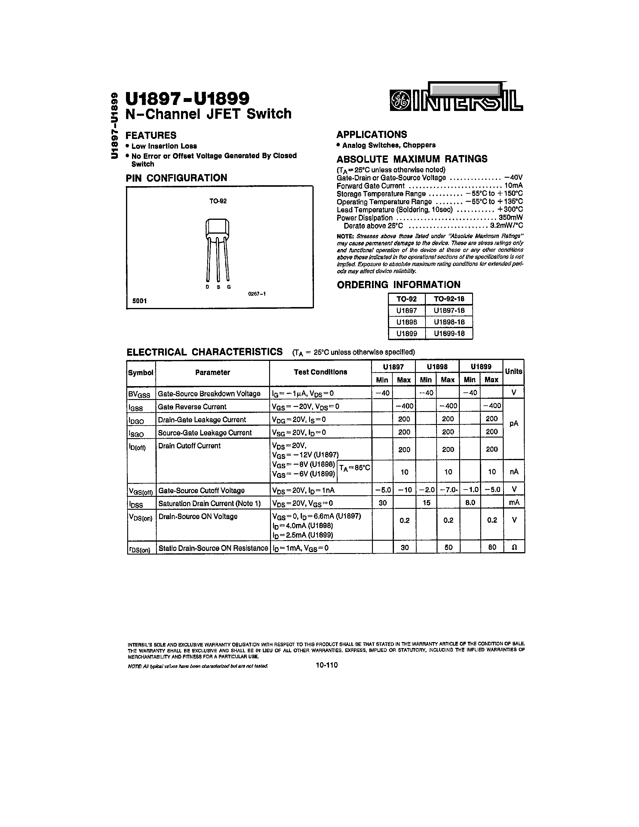 Datasheet U1897 page 1 Datasheet U1897 - (U1897 - U1899) N-Channel JFET Switch page 1