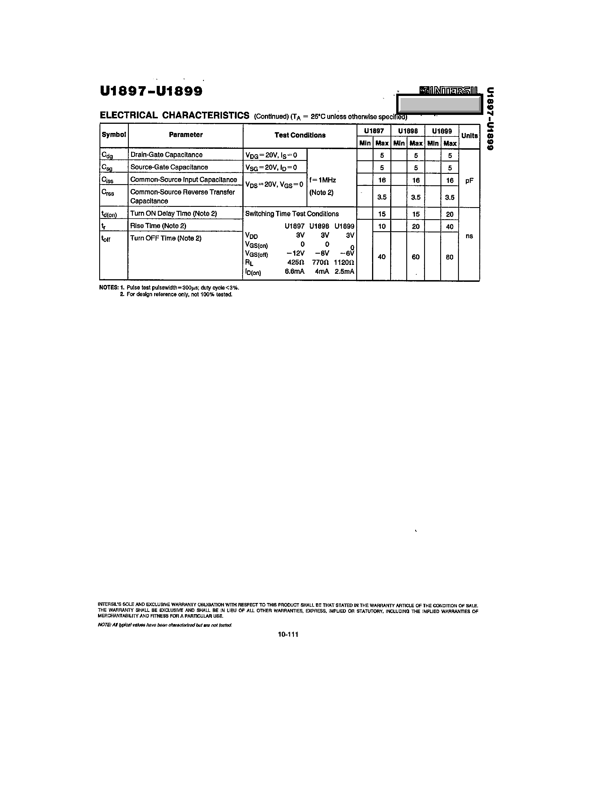 Datasheet U1897 page 2 Datasheet U1897 - (U1897 - U1899) N-Channel JFET Switch page 2