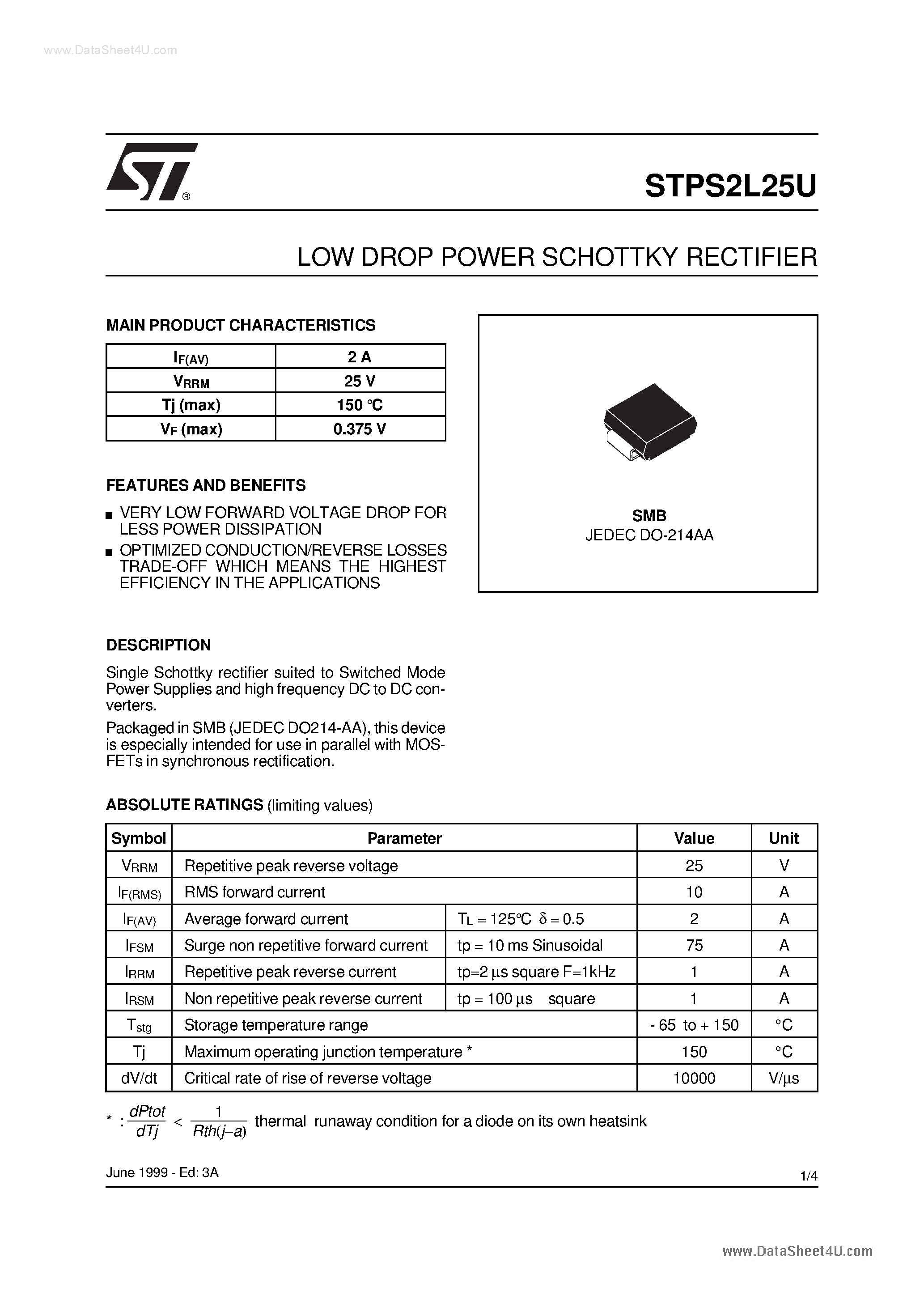 Datasheet STPS2L25U - LOW DROP POWER SCHOTTKY RECTIFIER page 1