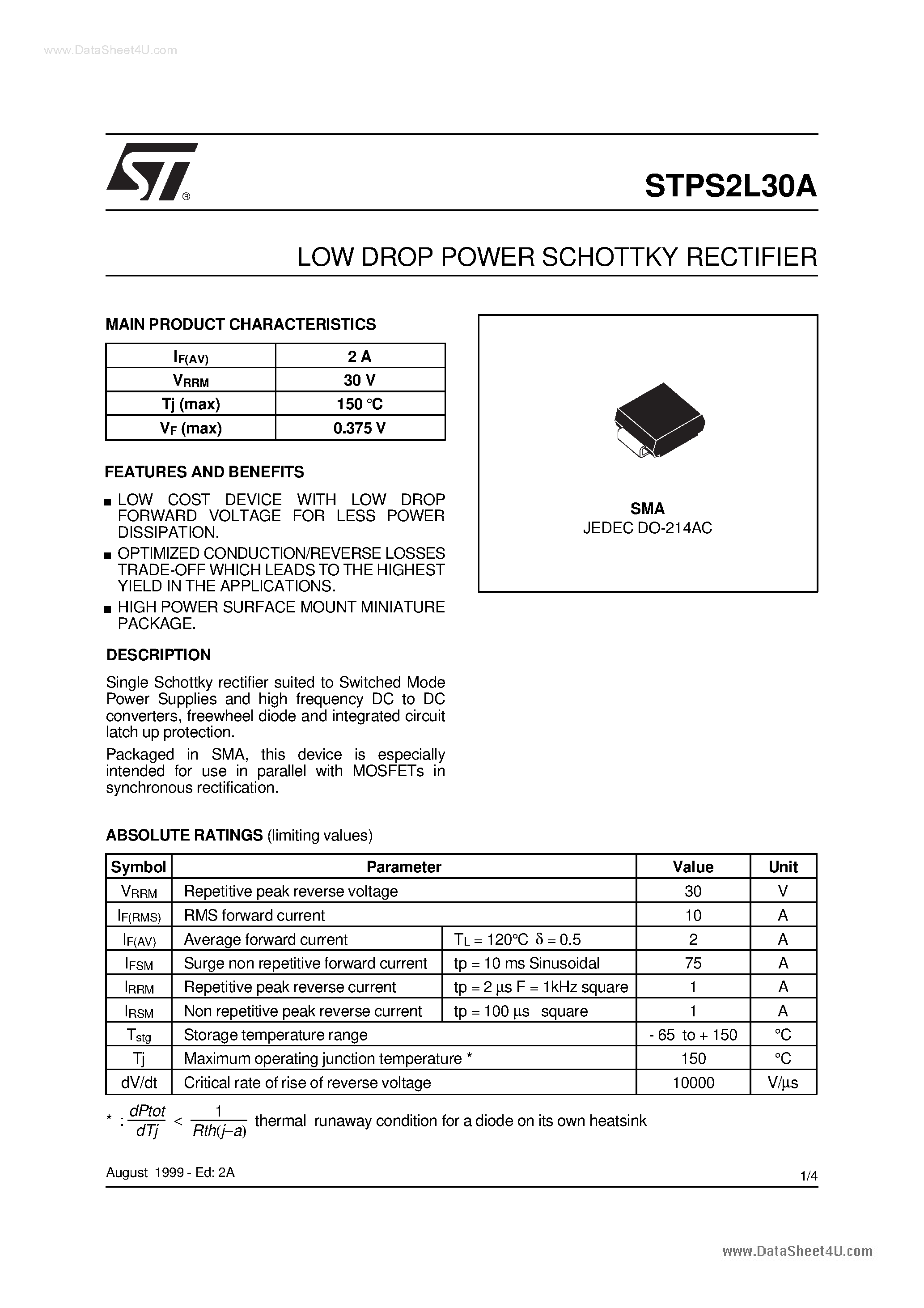 Даташит на микросхему STPS2L30A страница 1 Даташит STPS2L30A - LOW DROP POWER SCHOTTKY RECTIFIER страница 1