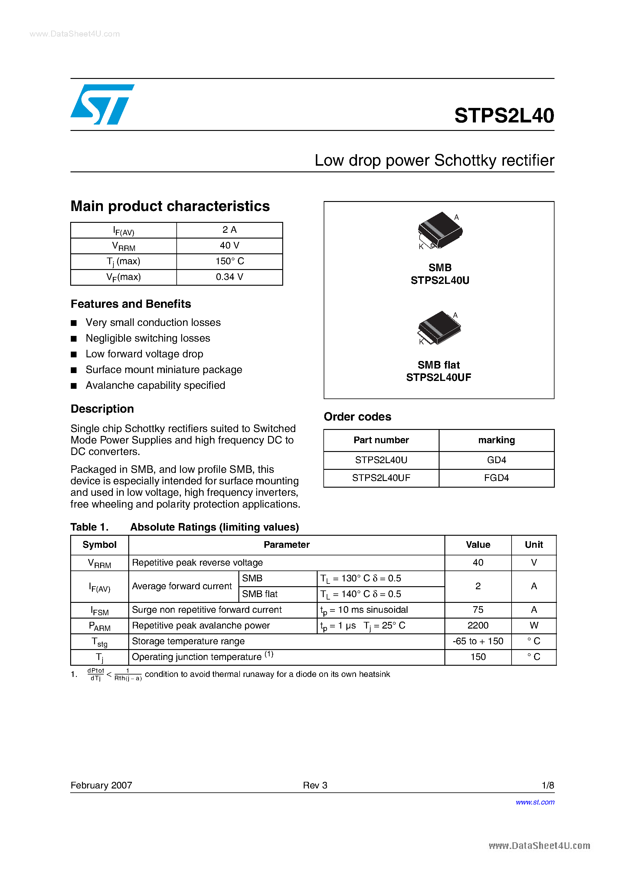 Datasheet STPS2L40 - LOW DROP POWER SCHOTTKY RECTIFIER page 1