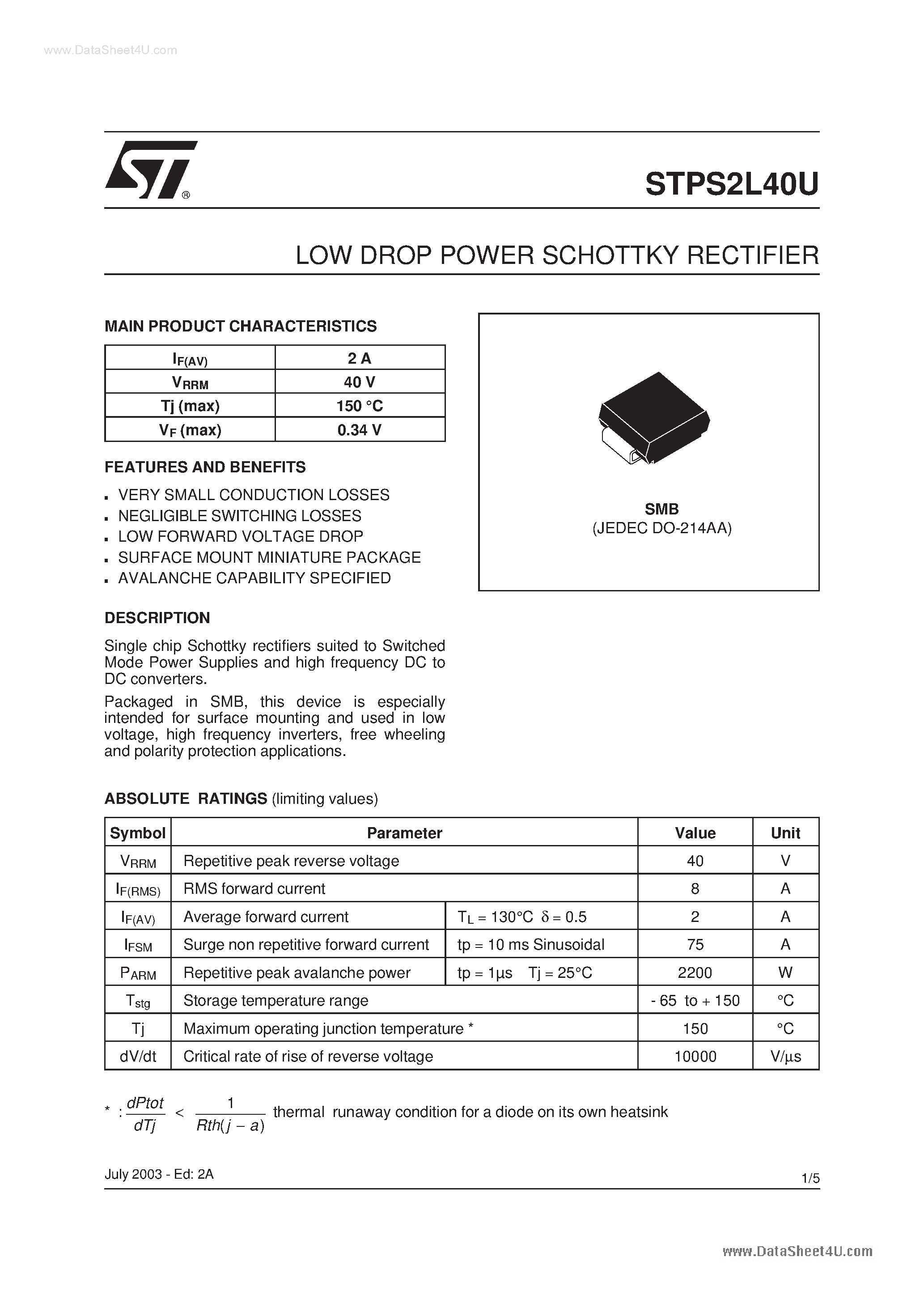 Datasheet STPS2L40U - LOW DROP POWER SCHOTTKY RECTIFIER page 1