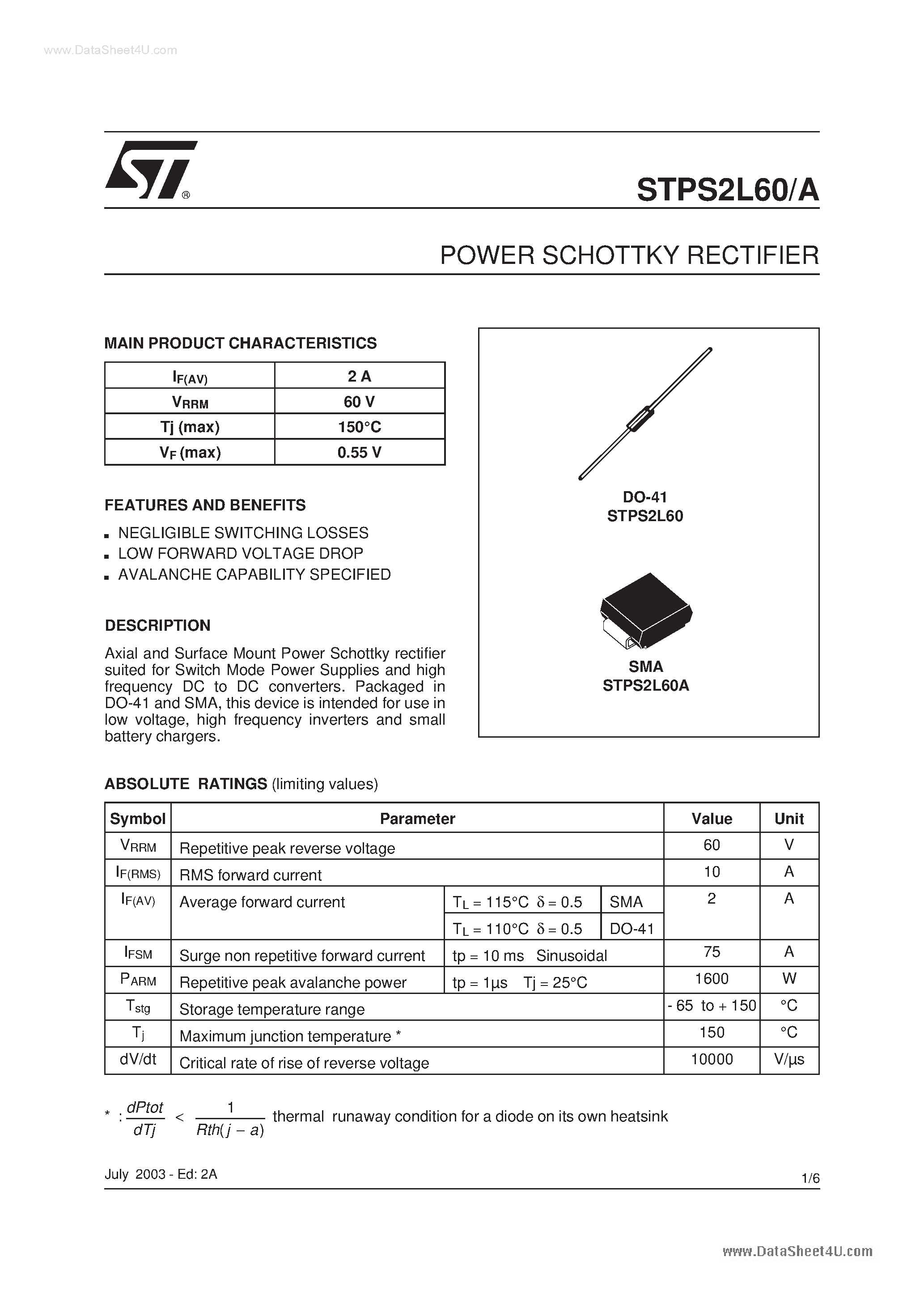 Datasheet STPS2L60 - POWER SCHOTTKY RECTIFIER page 1