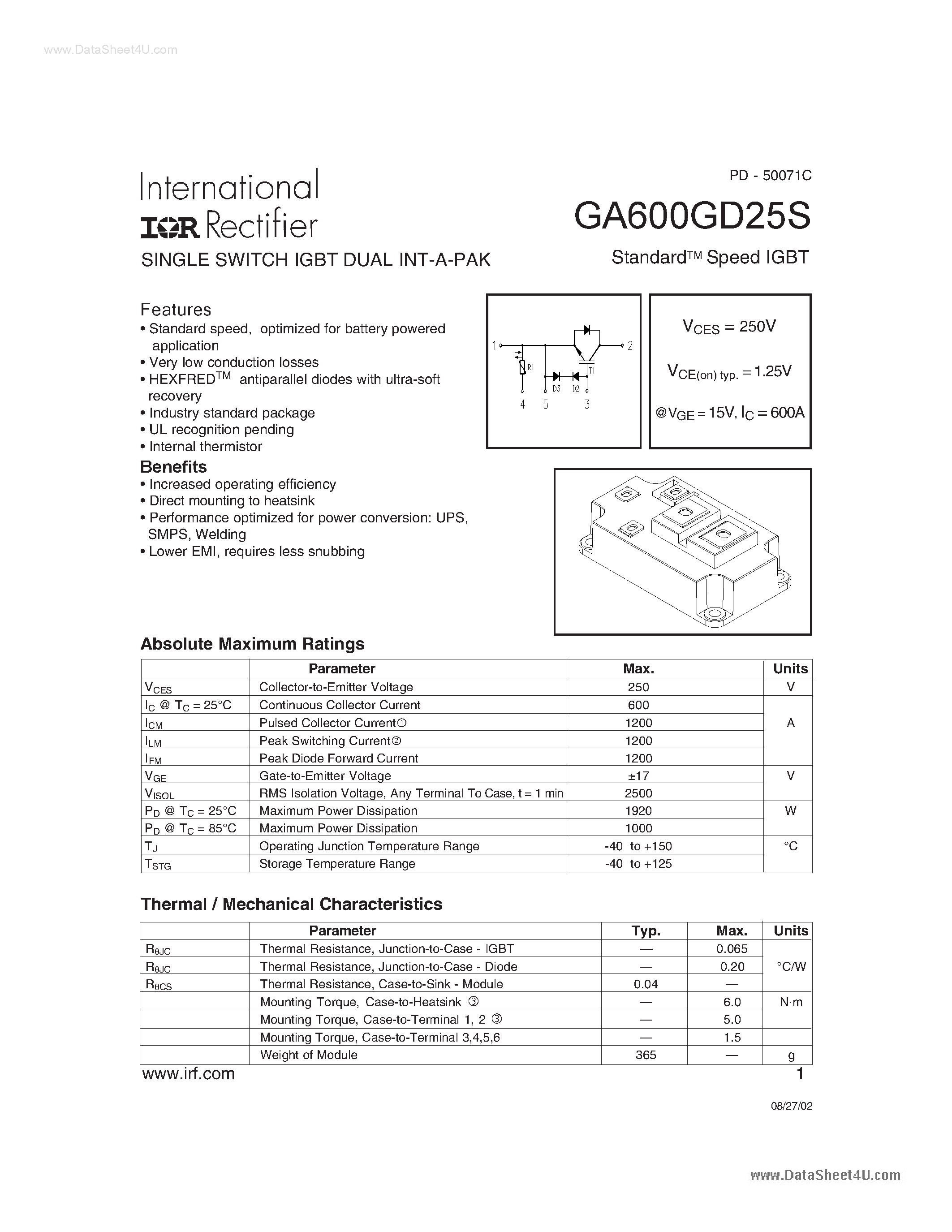 Datasheet GA600GD25S - SINGLE SWITCH IGBT DUAL INT-A-PAK page 1