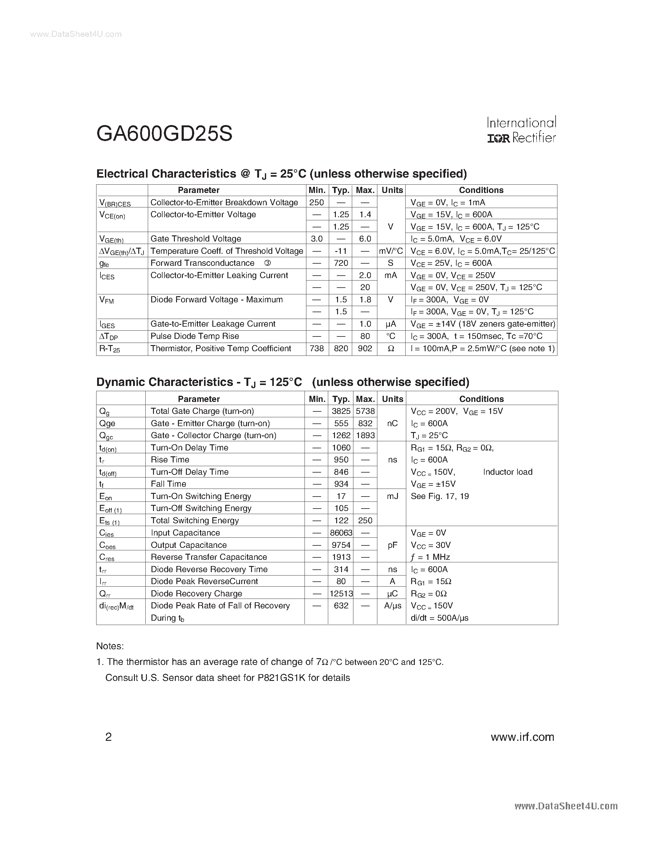 Datasheet GA600GD25S - SINGLE SWITCH IGBT DUAL INT-A-PAK page 2