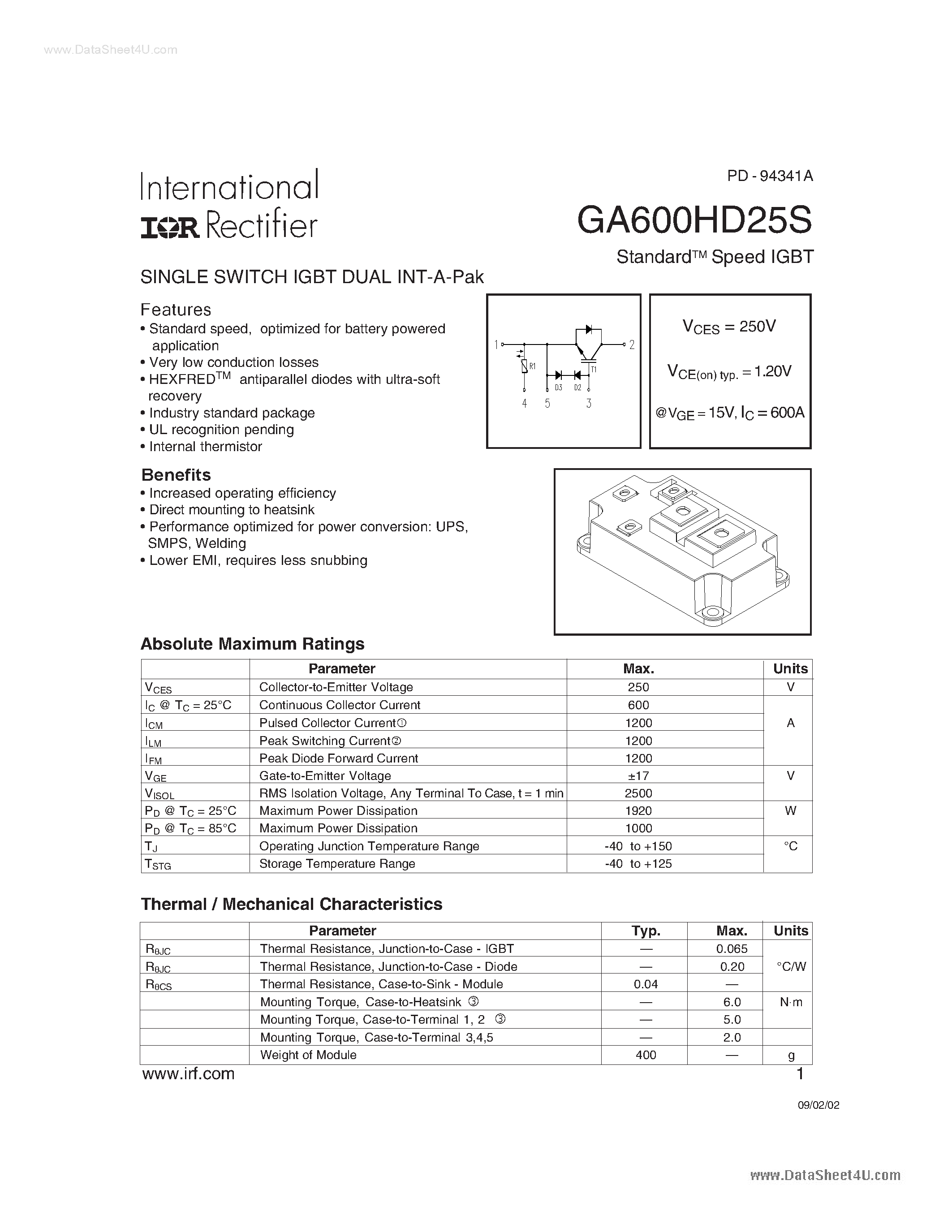 Даташит GA600HD25S - Standard Speed IGBT страница 1