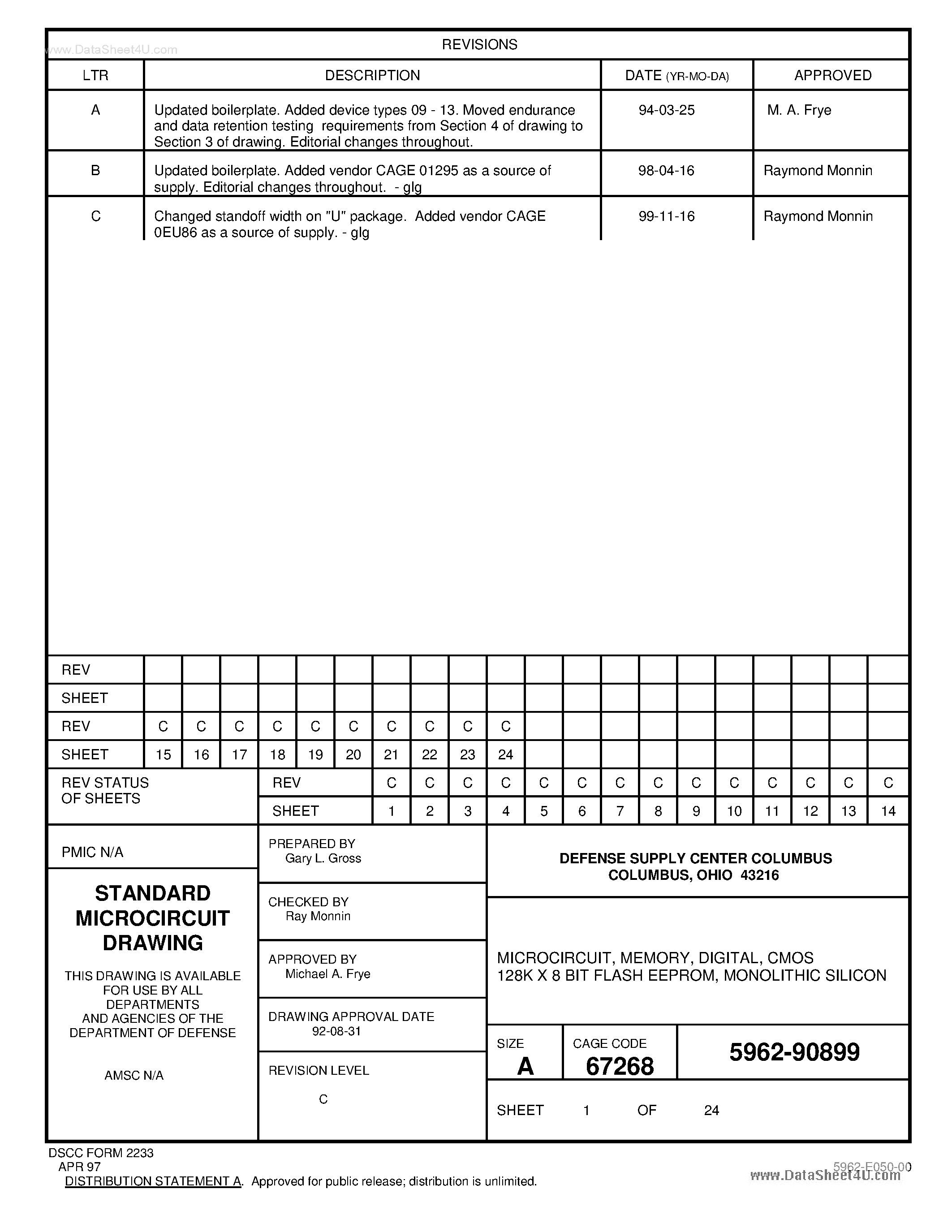 Datasheet 5962-90899 page 1 Datasheet 5962-90899 - Stand Microcircuit Drawing Source Approval Bulletin page 1
