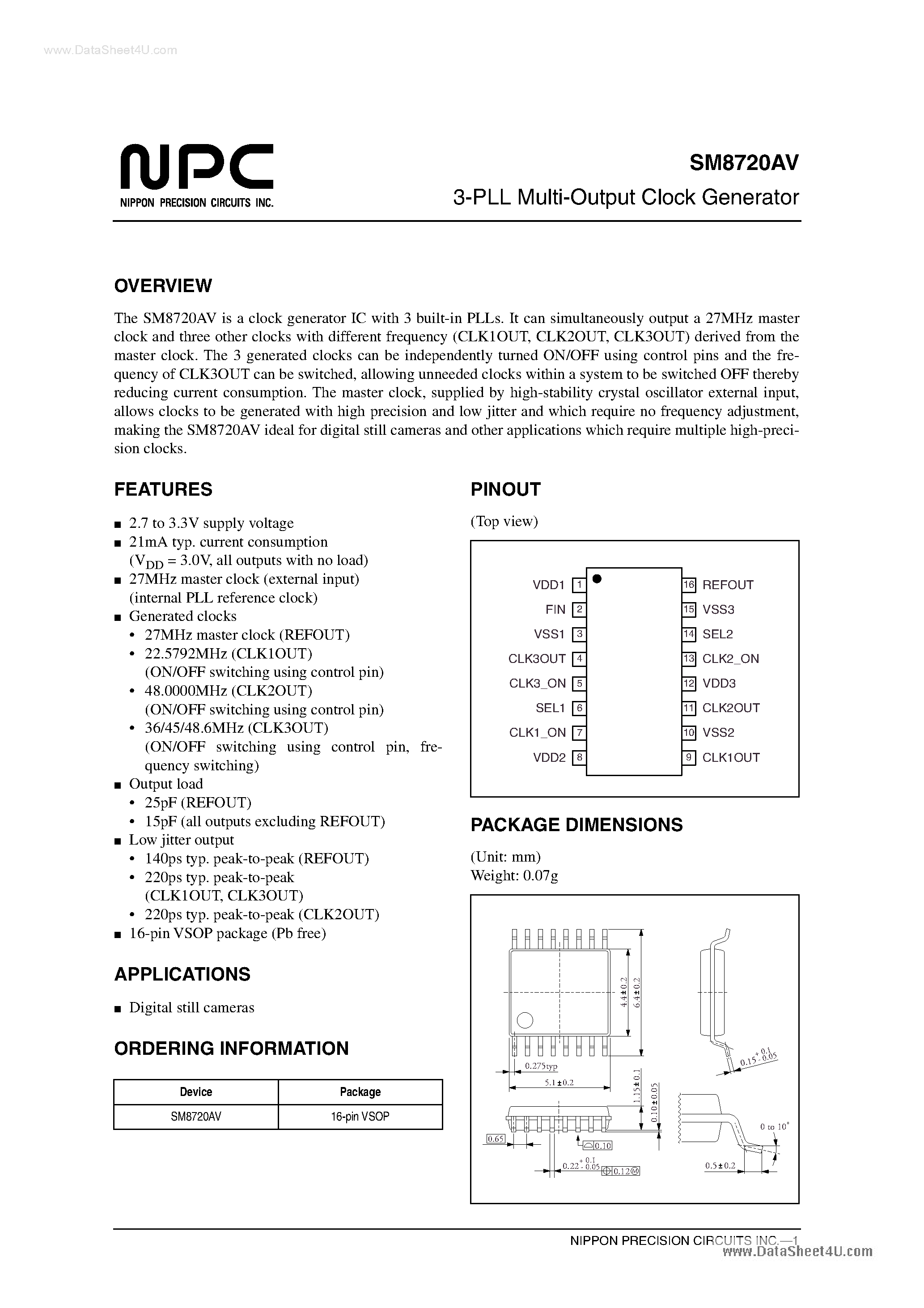 Даташит SM8720AV - 3-PLL Multi-Output Clock Generator страница 1