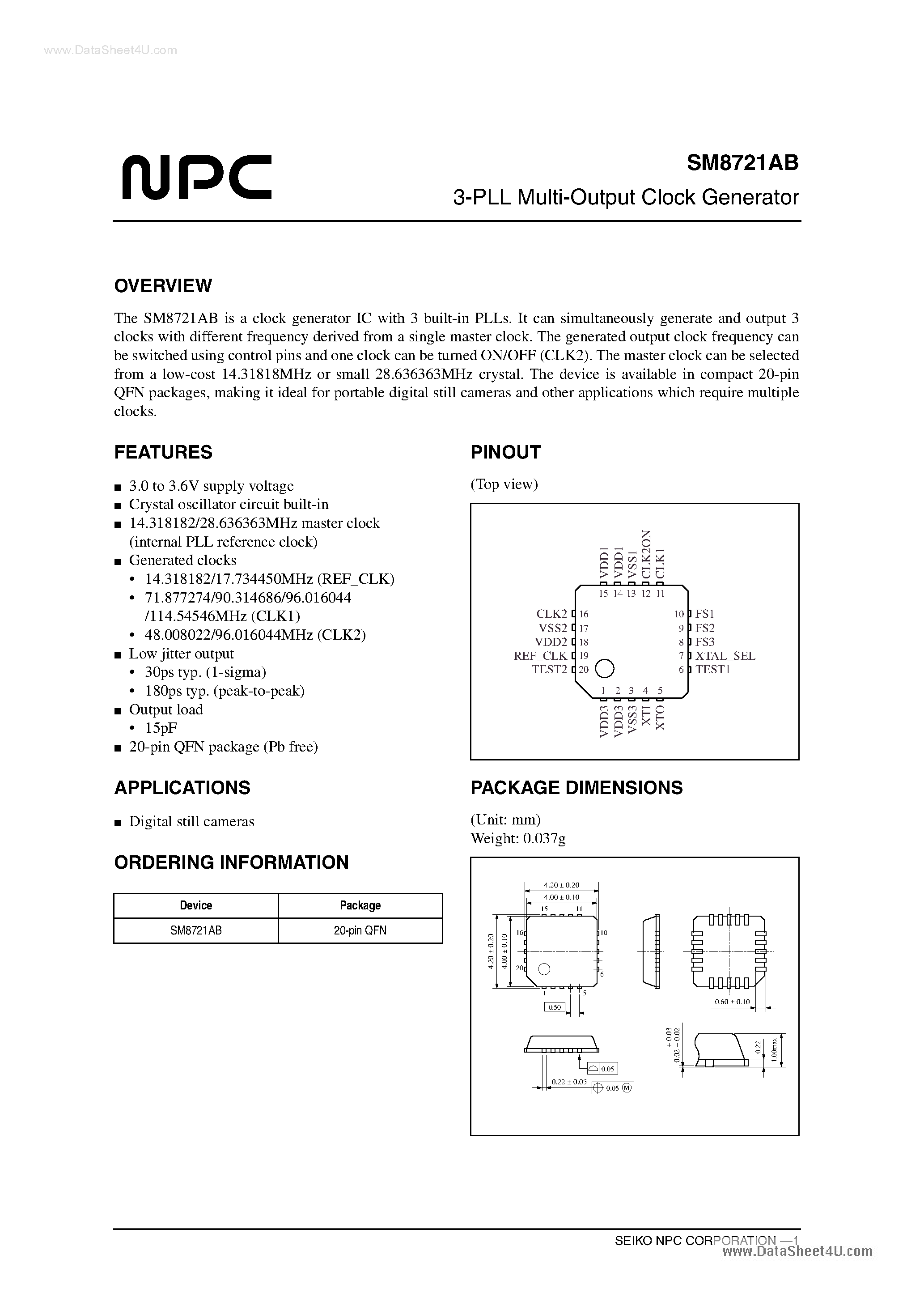 Даташит SM8721AB - 3-PLL Multi-Output Clock Generator страница 1