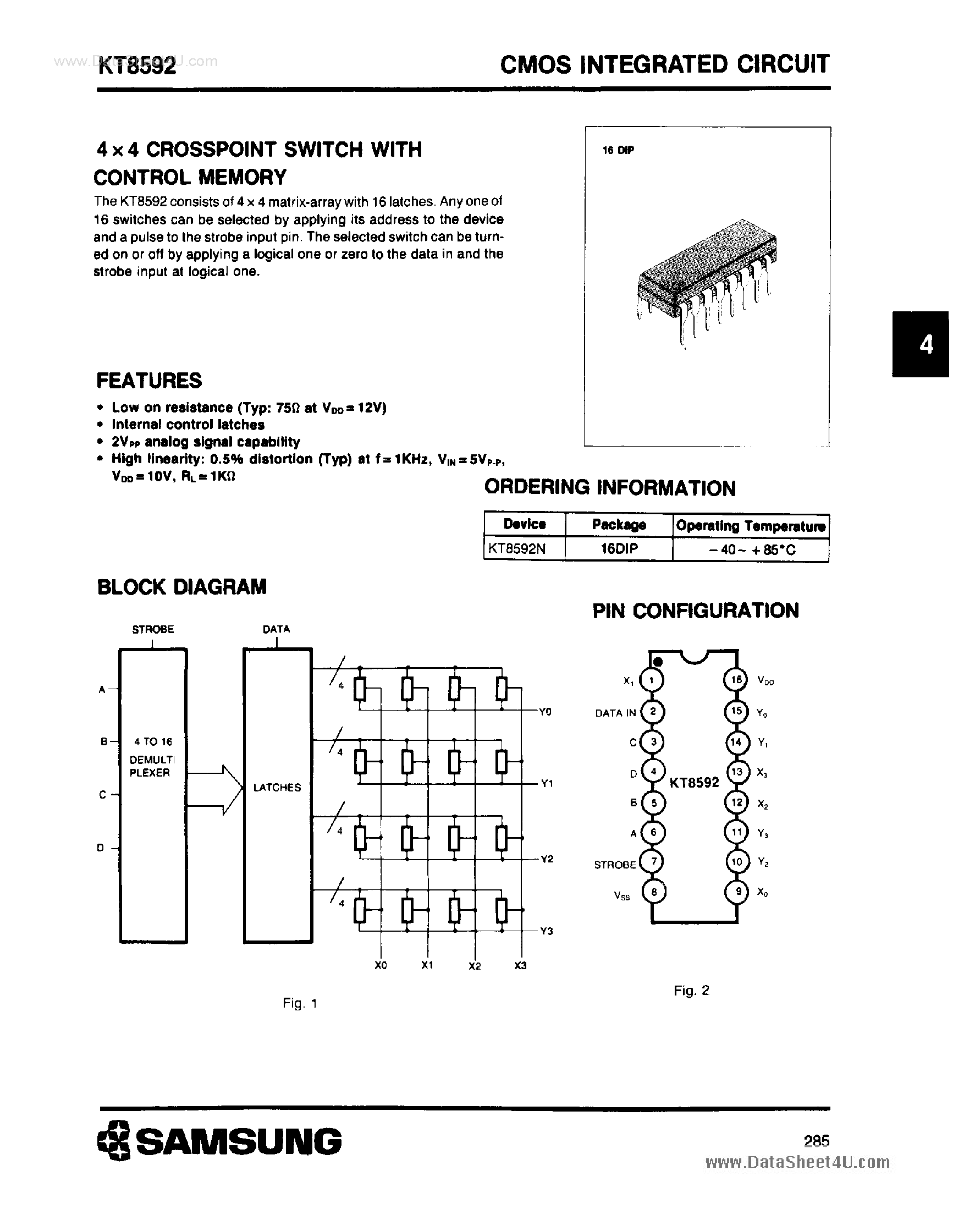 Даташит на микросхему KT8592 страница 1 Даташит KT8592 - 4 x 4 CROSSPOINT SWITCH страница 1