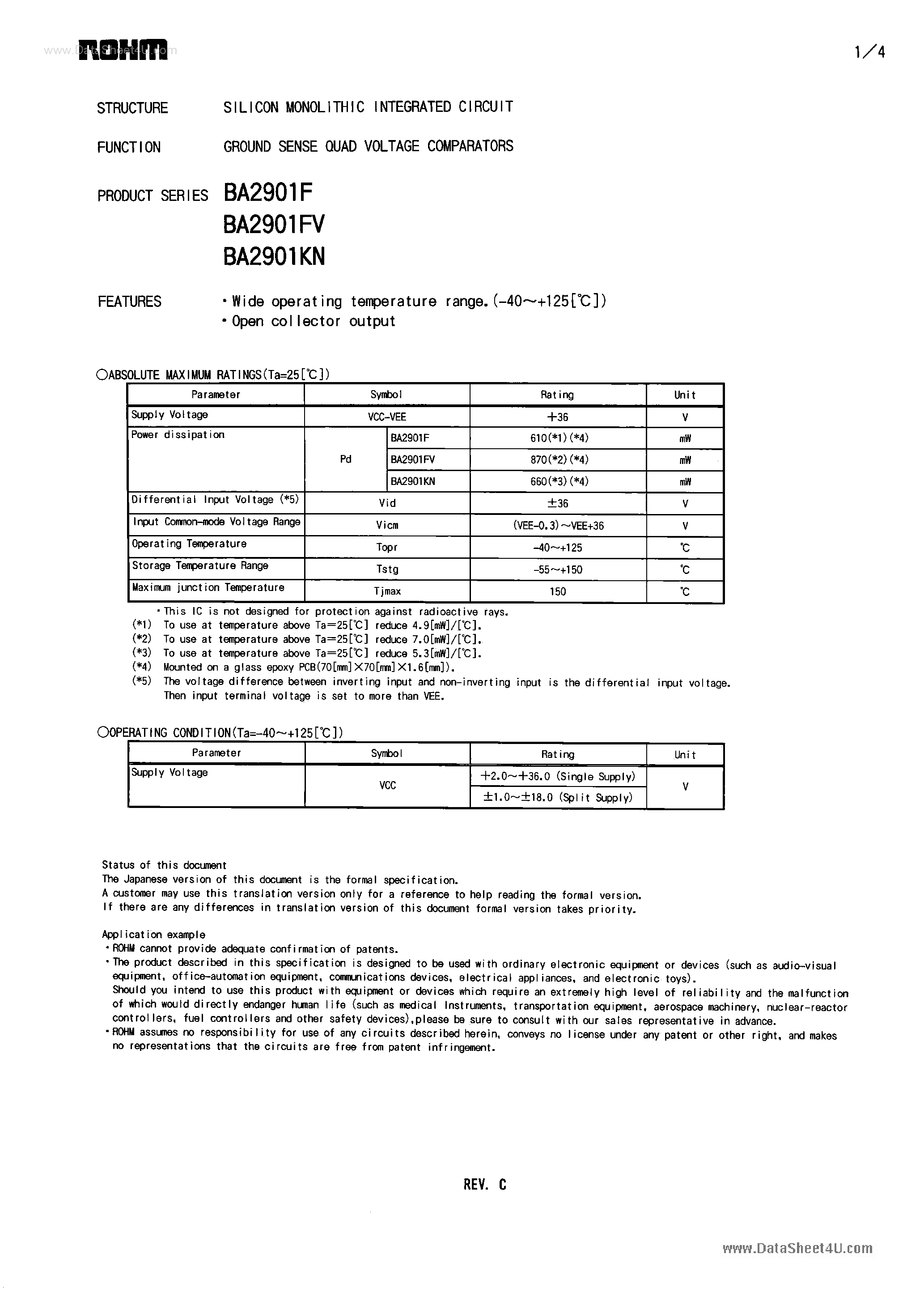 Даташит на микросхему BA2901F страница 1 Даташит BA2901F - GROUND SENSE QUAD VOLTAGE COMPARATORS страница 1