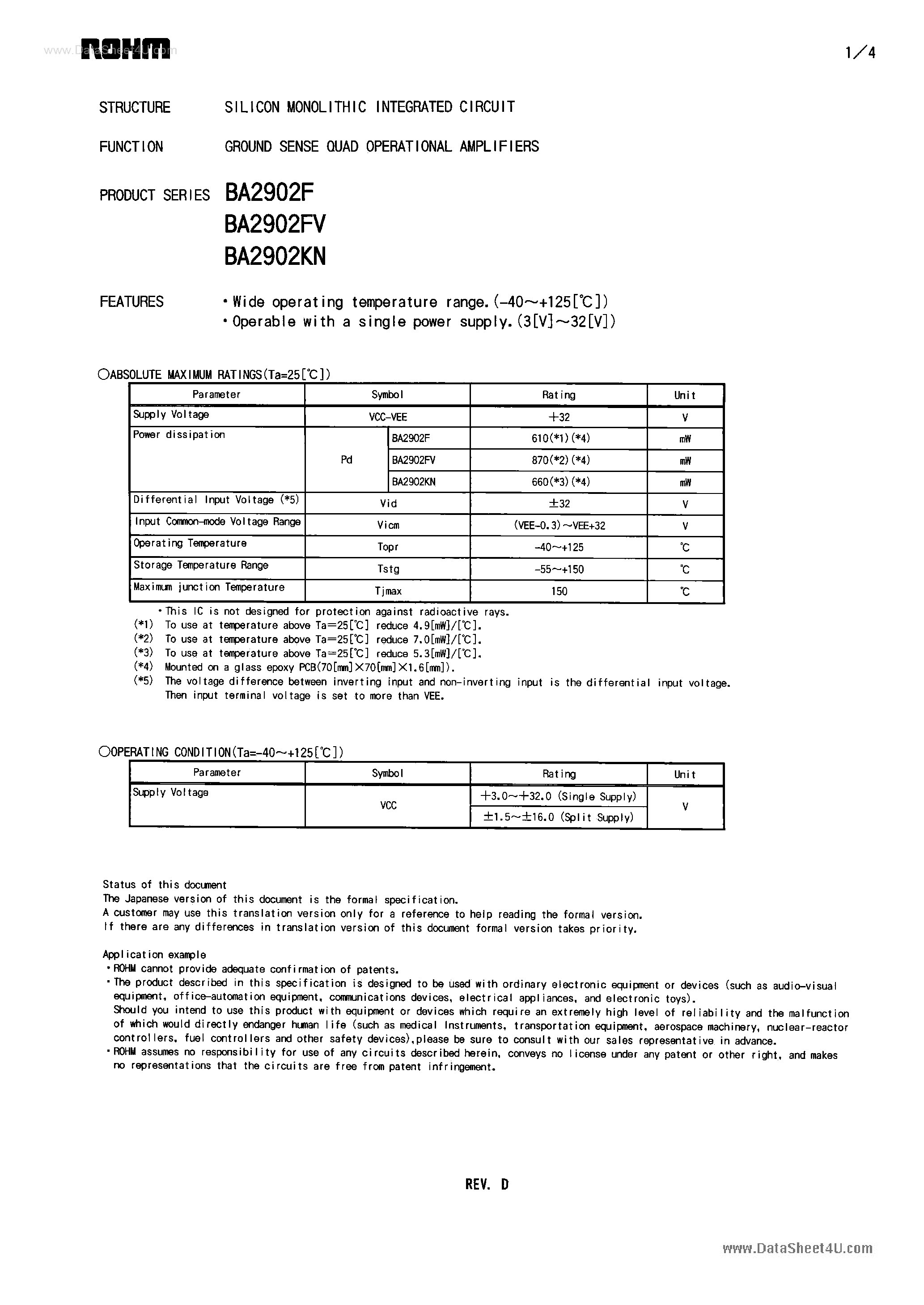 Datasheet BA2902F page 1 Datasheet BA2902F - GROUND SENSE QUAD OPERATIONAL AMPLIFIERS page 1