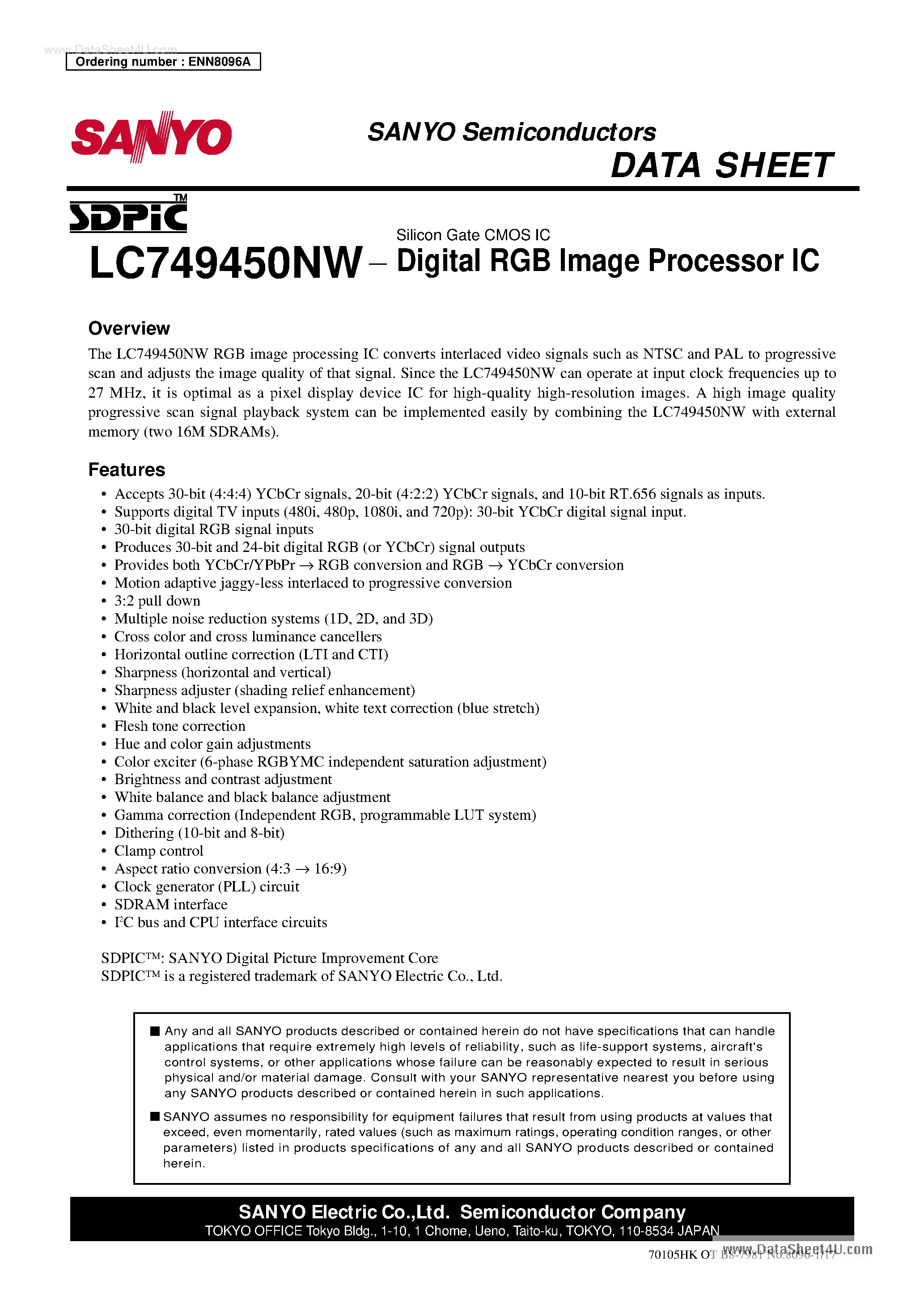 Datasheet LC749450NW page 1 Datasheet LC749450NW - Silicon Gate CMOS IC Digital RGB Image Processor IC page 1