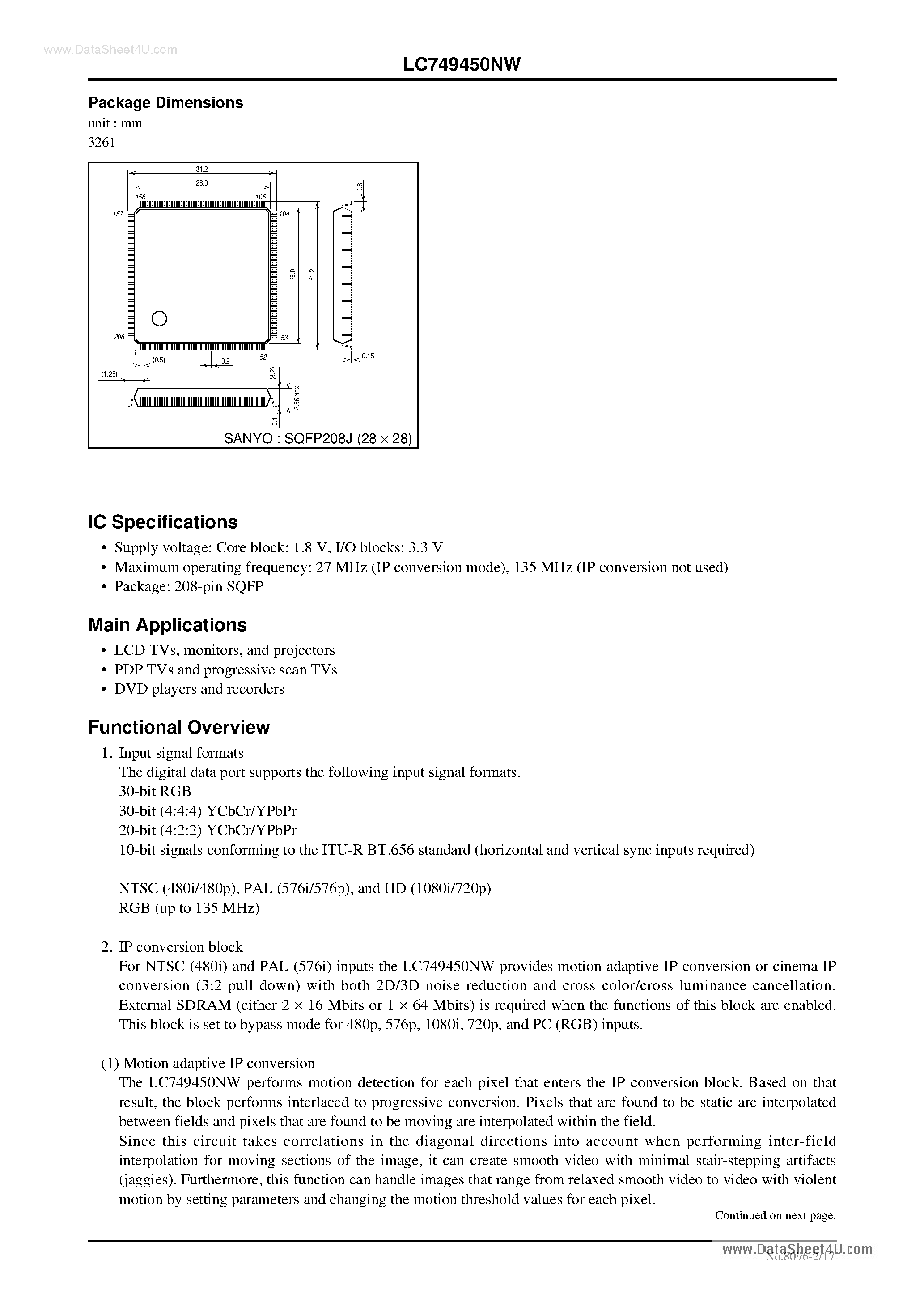 Datasheet LC749450NW page 2 Datasheet LC749450NW - Silicon Gate CMOS IC Digital RGB Image Processor IC page 2