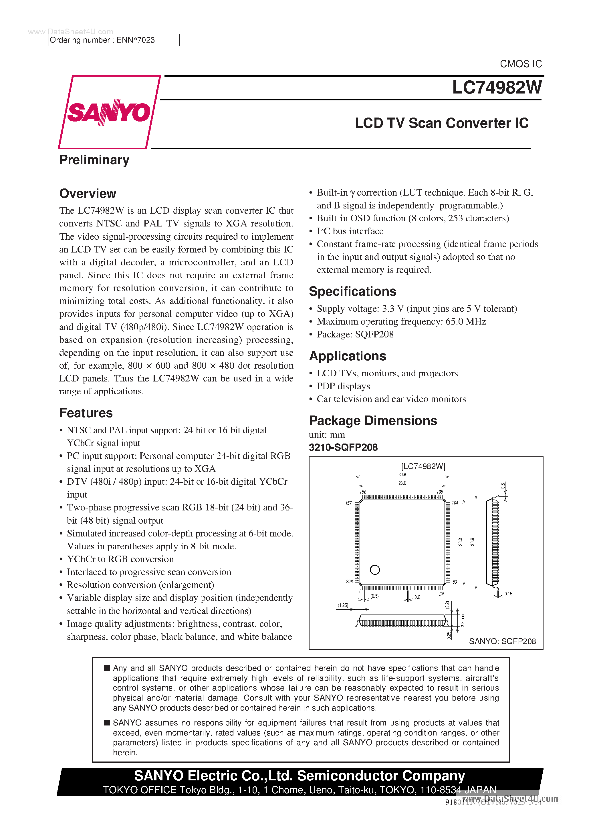 Datasheet LC74982W - LCD TV Scan Converter IC page 1