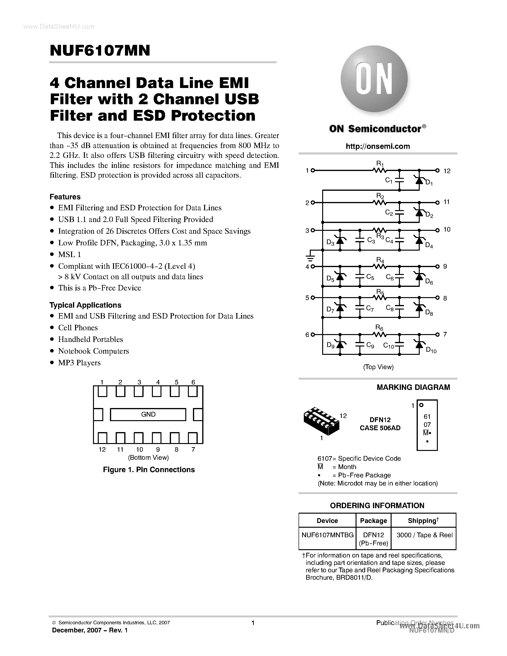Datasheet NUF6107MN - 4 Channel Data Line EMI Filter page 1