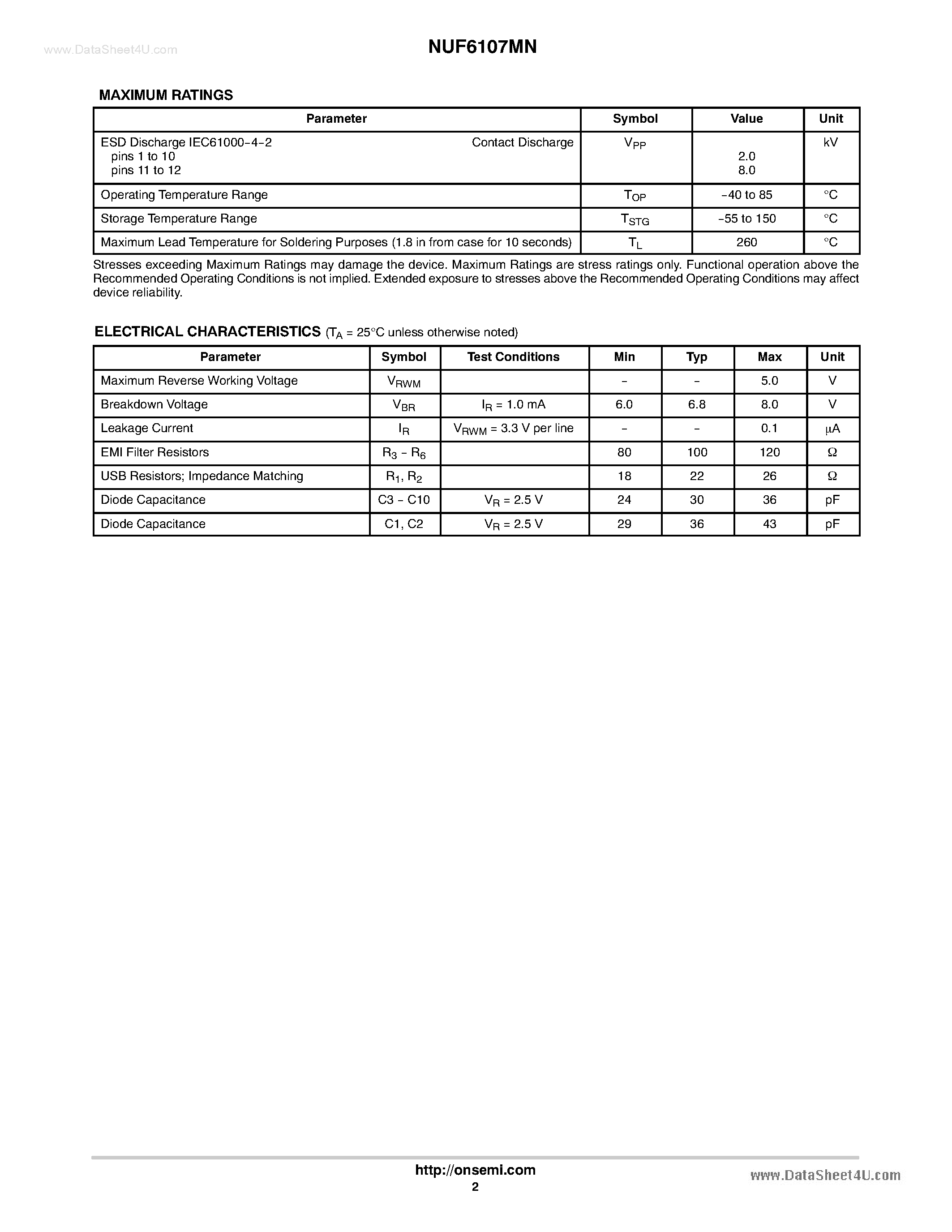 Datasheet NUF6107MN - 4 Channel Data Line EMI Filter page 2