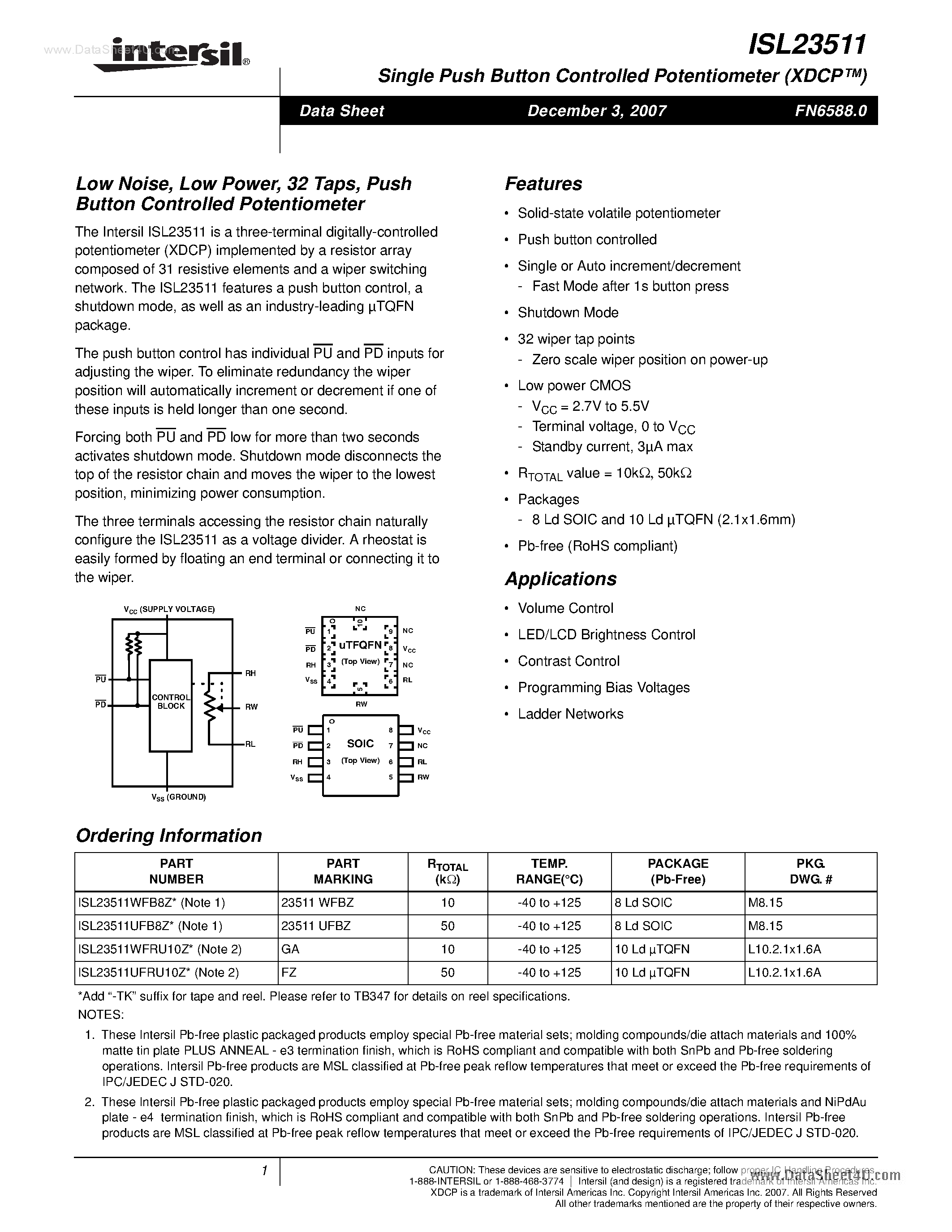 Datasheet ISL23511 - Push Button Controlled Potentiometer page 1