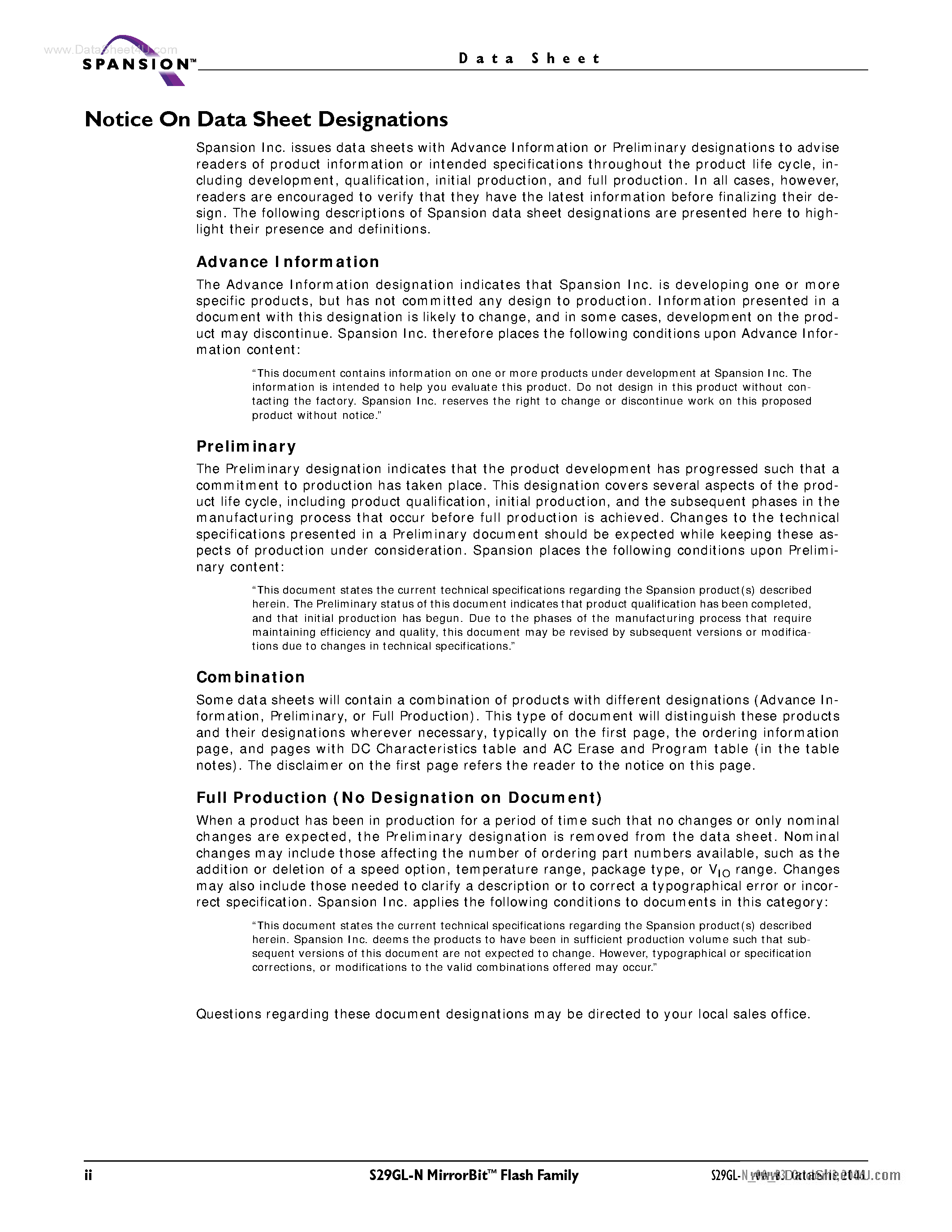 Datasheet S29GL256N11TFxxx - 3.0 Volt-only Page Mode Flash Memory page 2