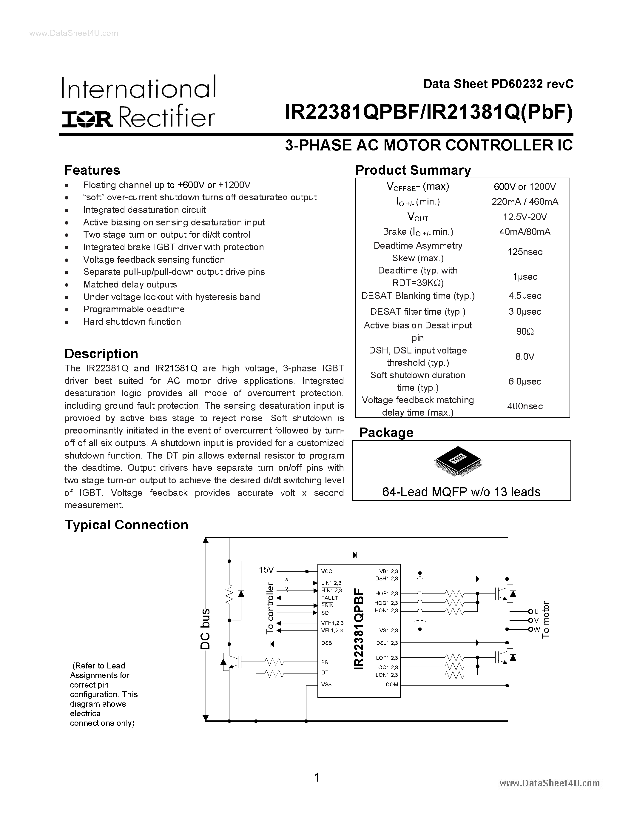 Datasheet IR21381Q - 3-PHASE AC MOTOR CONTROLLER IC page 1