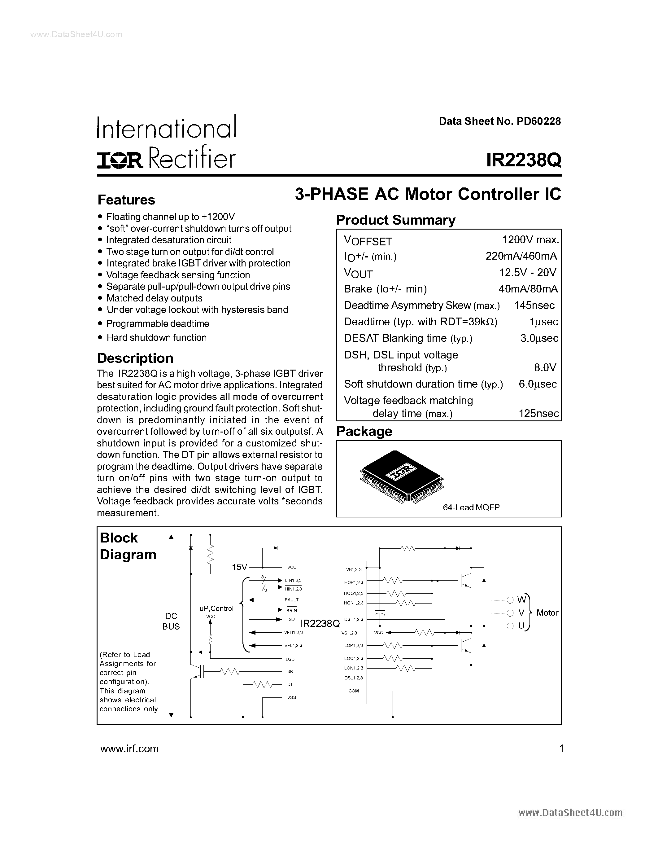 Datasheet IR2238Q - 3-PHASE AC Motor Controller IC page 1