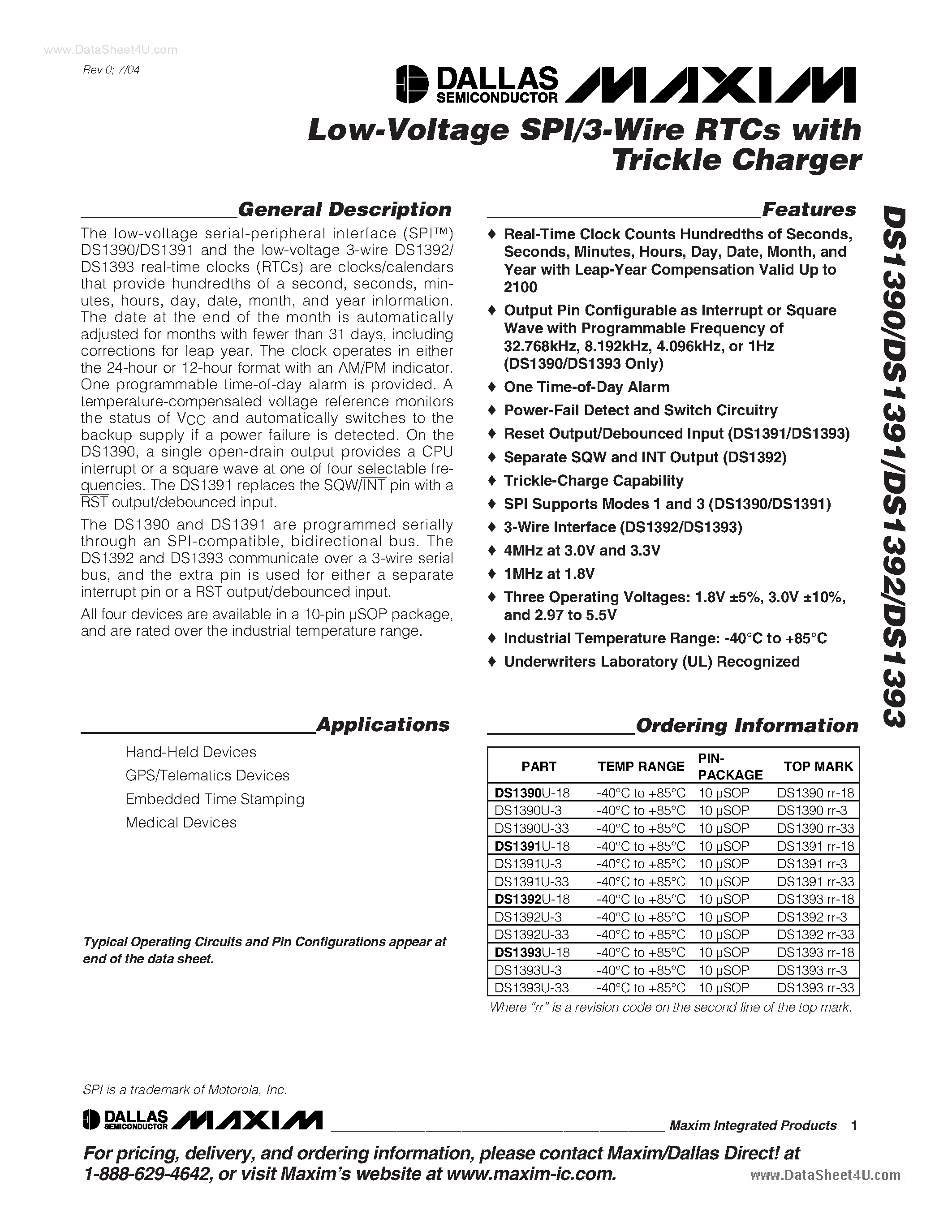 Datasheet DS1390 - (DS1390 - DS1393) Low-Voltage SPI/3-Wire RTCs page 1