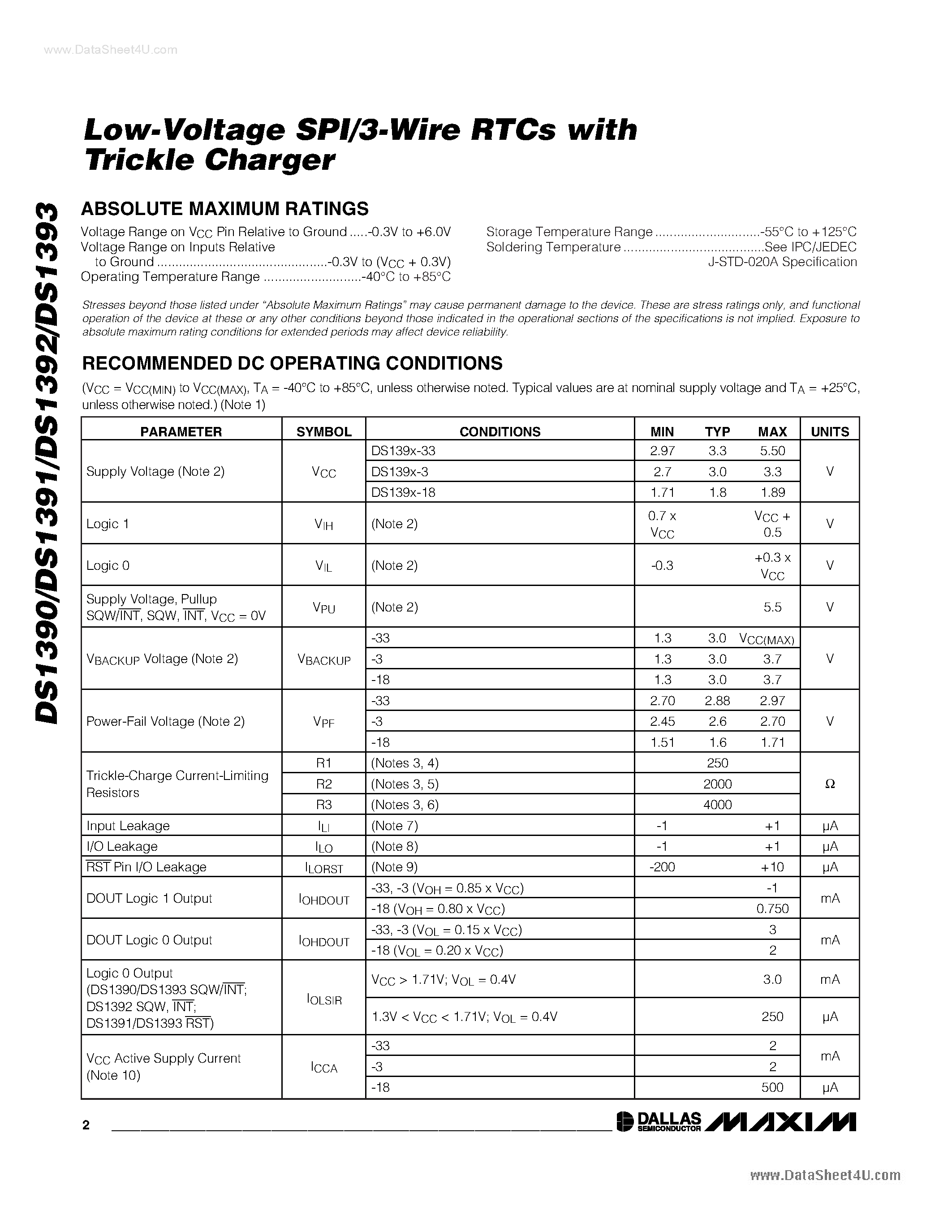 Datasheet DS1390 - (DS1390 - DS1393) Low-Voltage SPI/3-Wire RTCs page 2