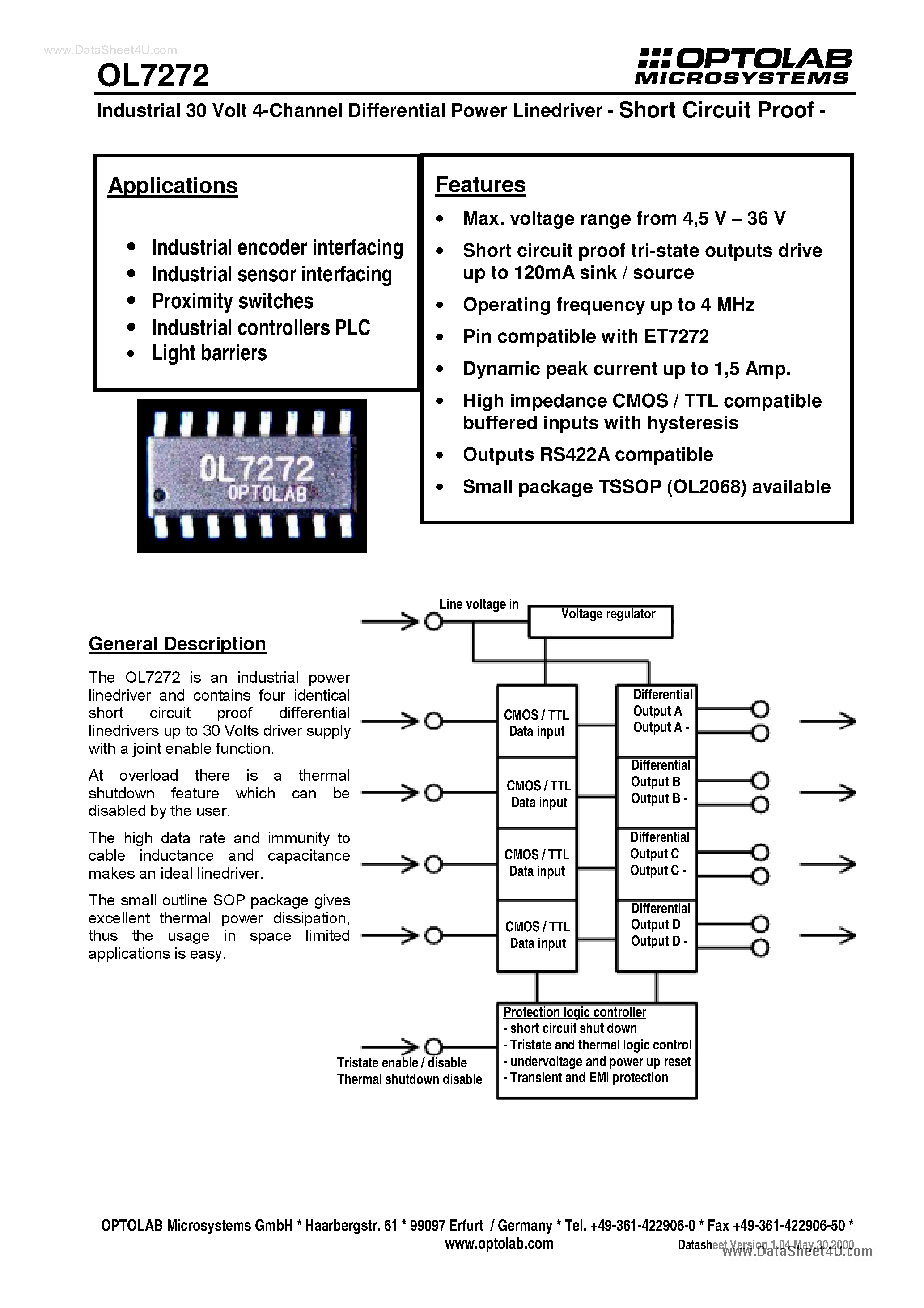 Datasheet OL7272 - 4-channel Differential Power Linedriver page 1