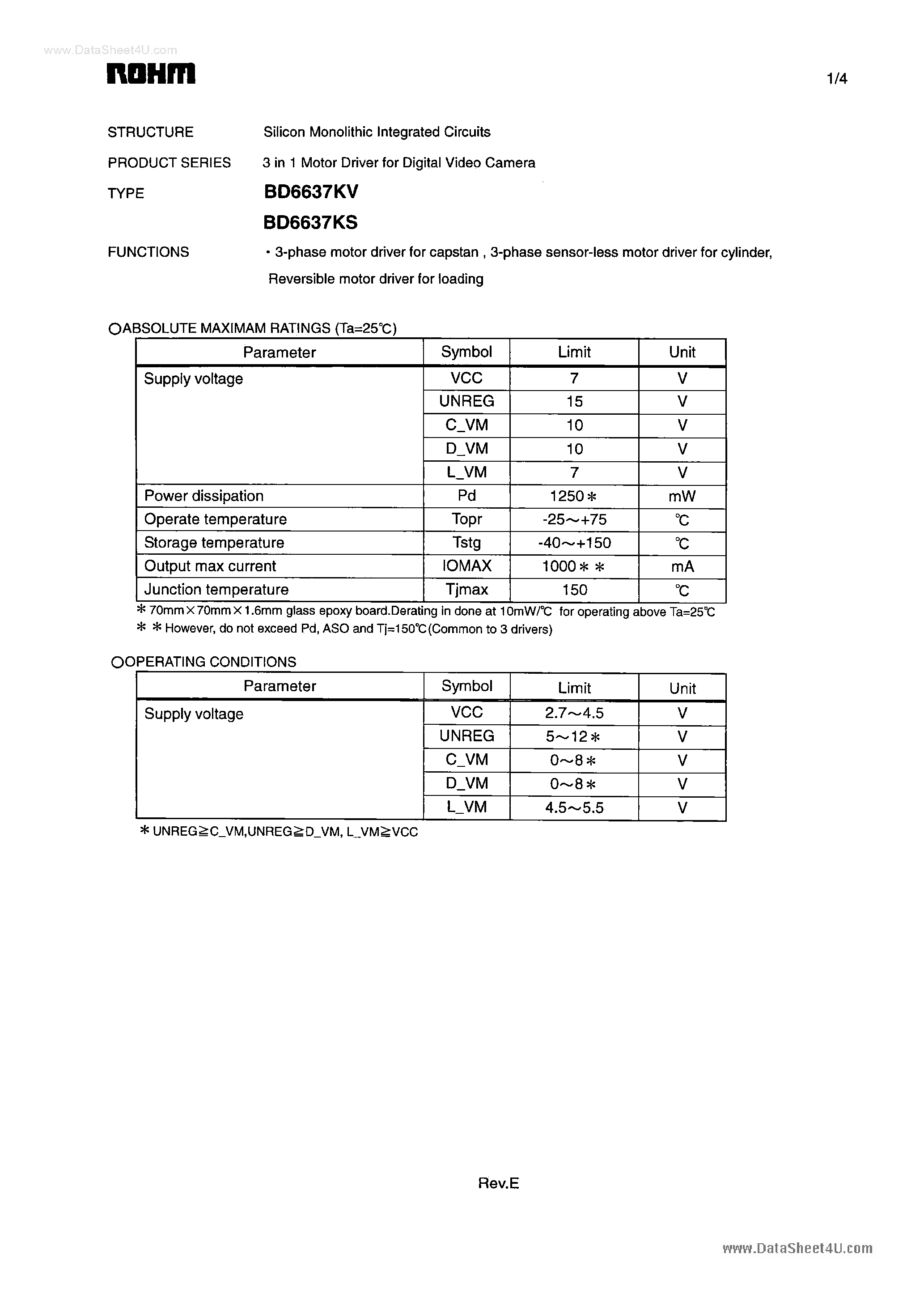 Datasheet BD6637KS page 1 Datasheet BD6637KS - 3 in 1 Motor Driver page 1