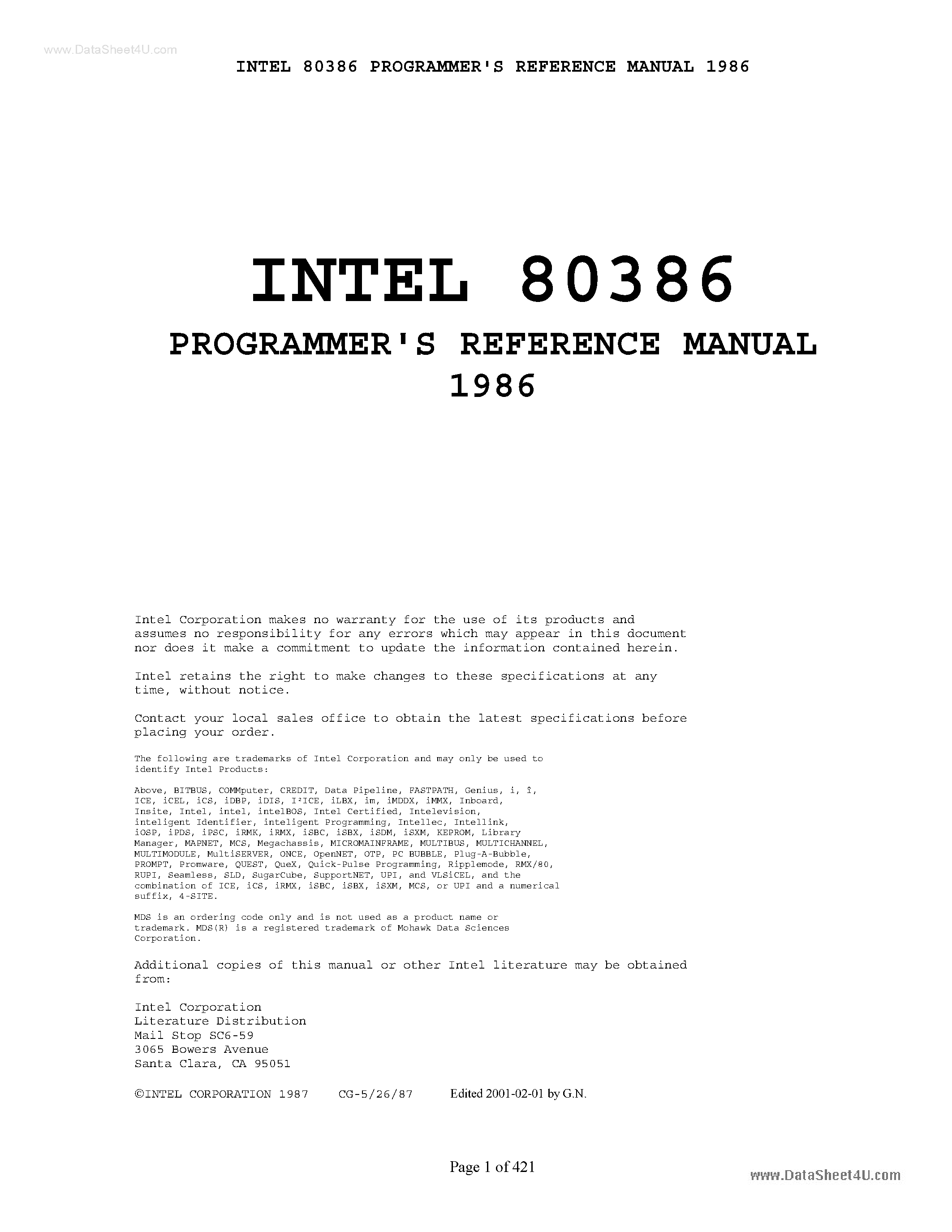Даташит на микросхему I386 страница 1 Даташит I386 - Programmers Reference Manual страница 1