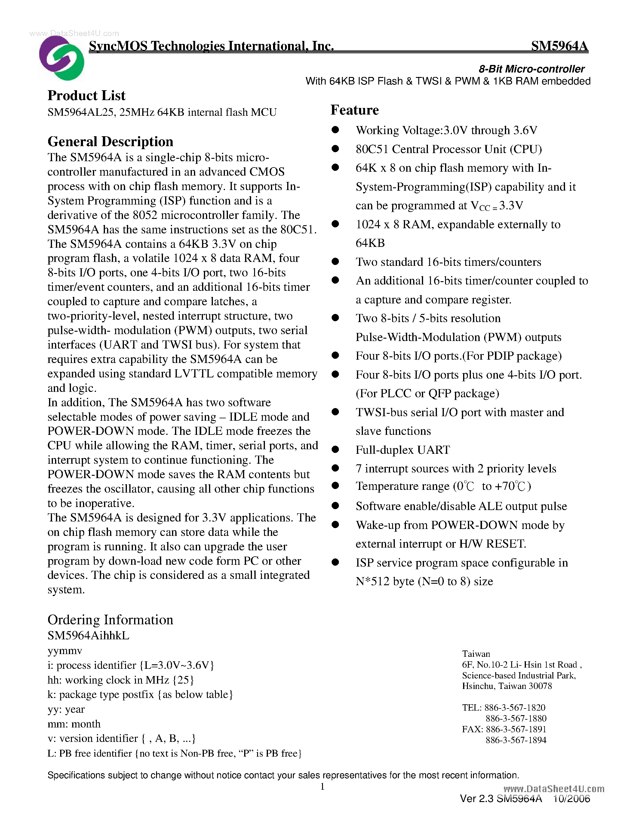 Datasheet SM5964A page 1 Datasheet SM5964A - 8-Bit Micro-controller page 1