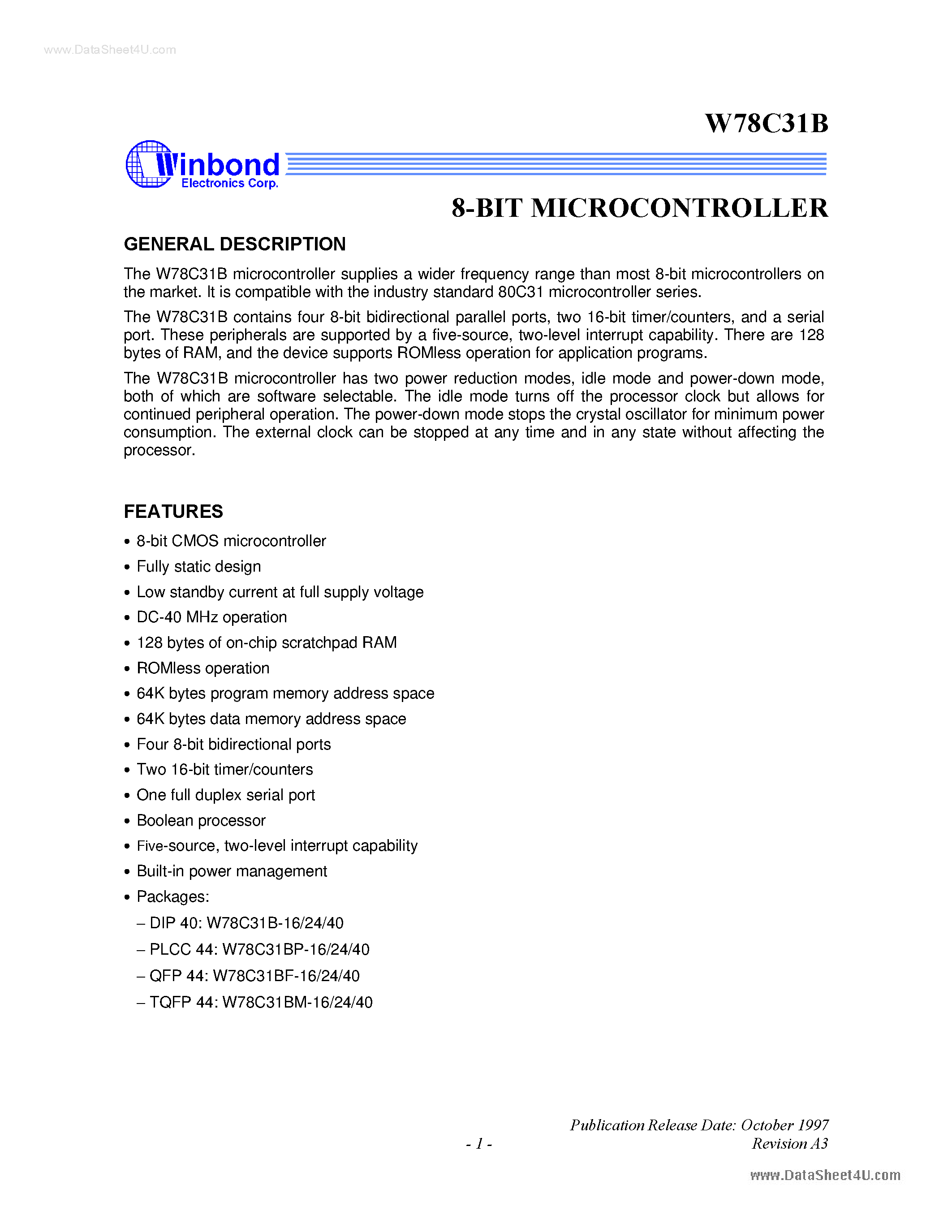 Datasheet W78C31B page 1 Datasheet W78C31B - 8-Bit Microcontroller page 1