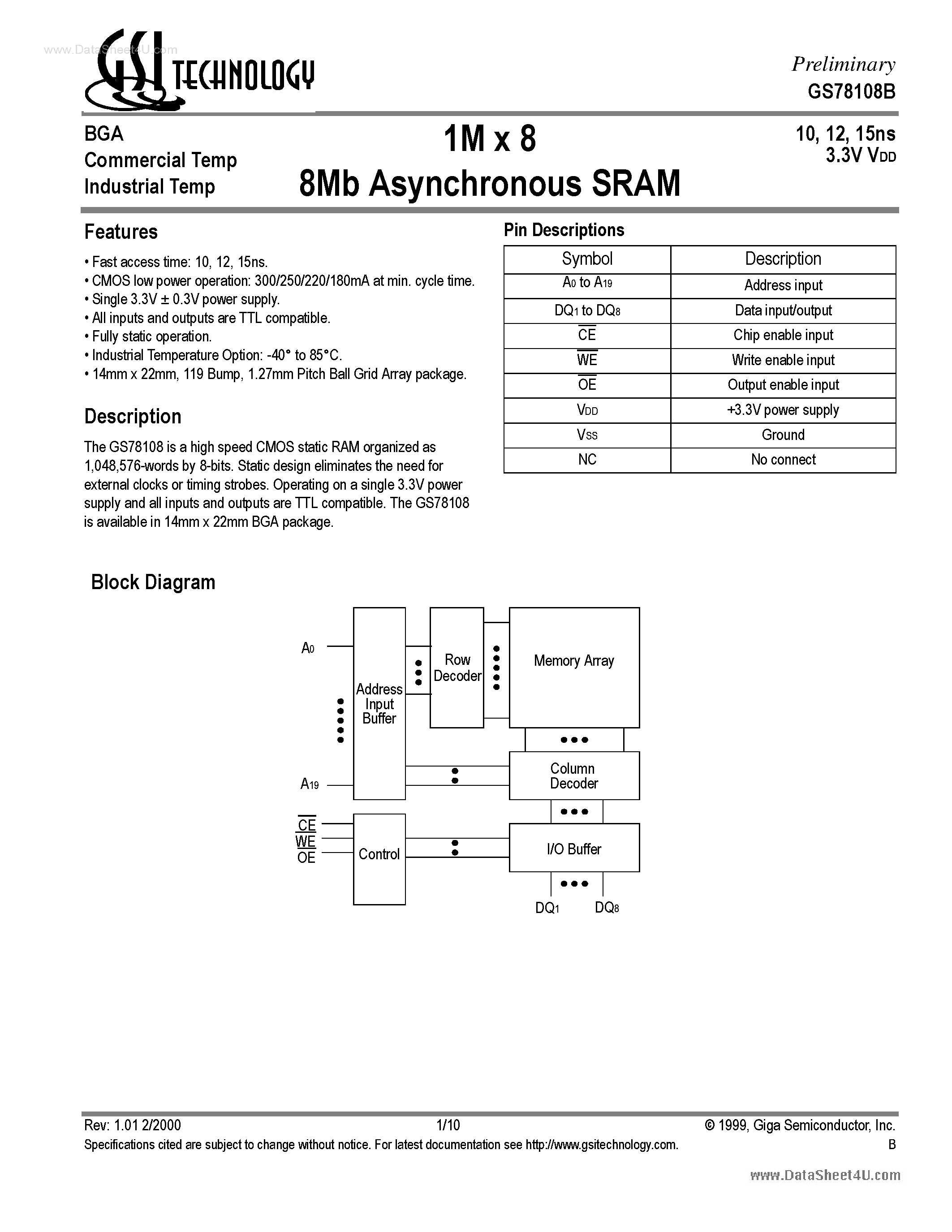 Даташит на микросхему GS78108B страница 1 Даташит GS78108B - 1M x 8 8Mb Asynchronous SRAM страница 1