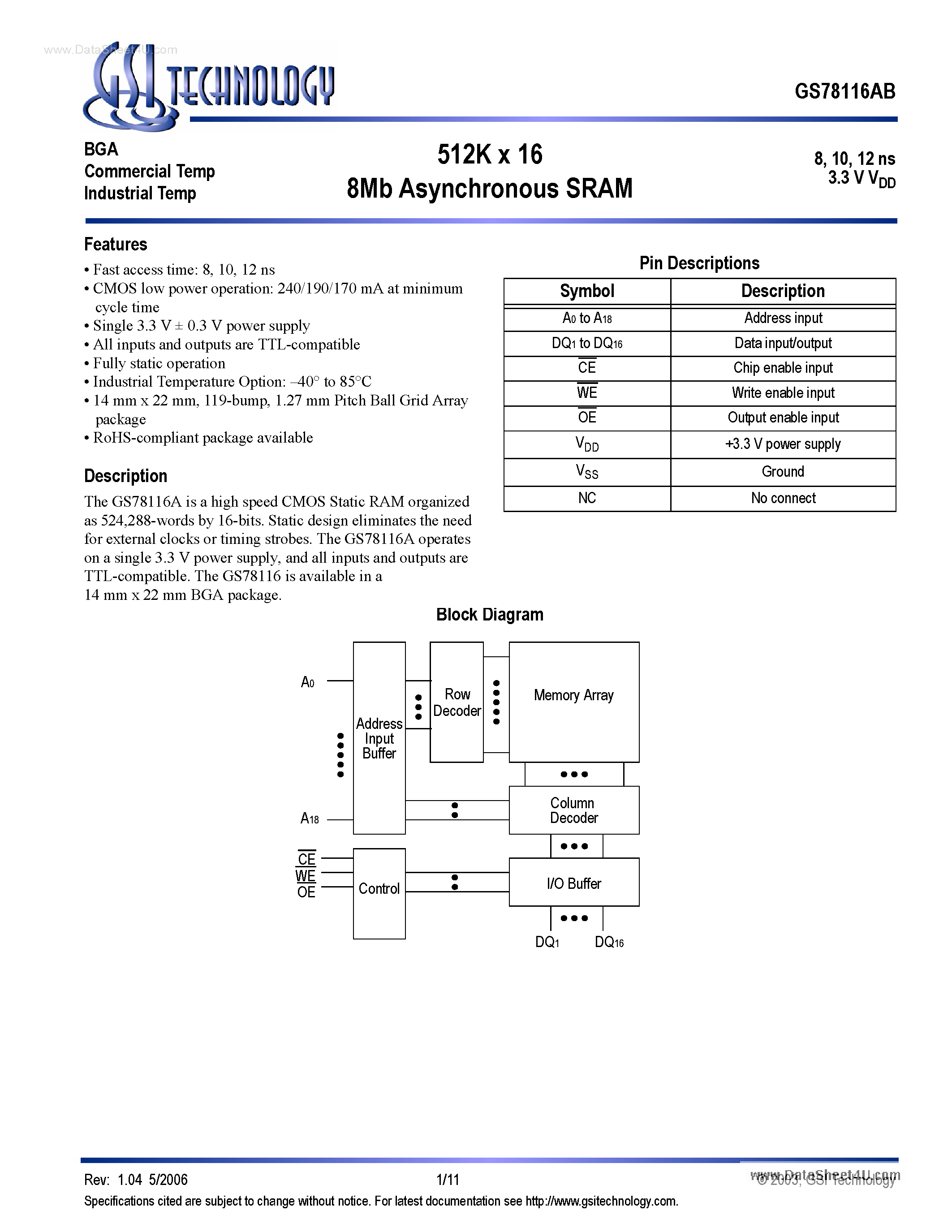 Даташит на микросхему GS78116AB страница 1 Даташит GS78116AB - 512K x 16 8Mb Asynchronous SRAM страница 1