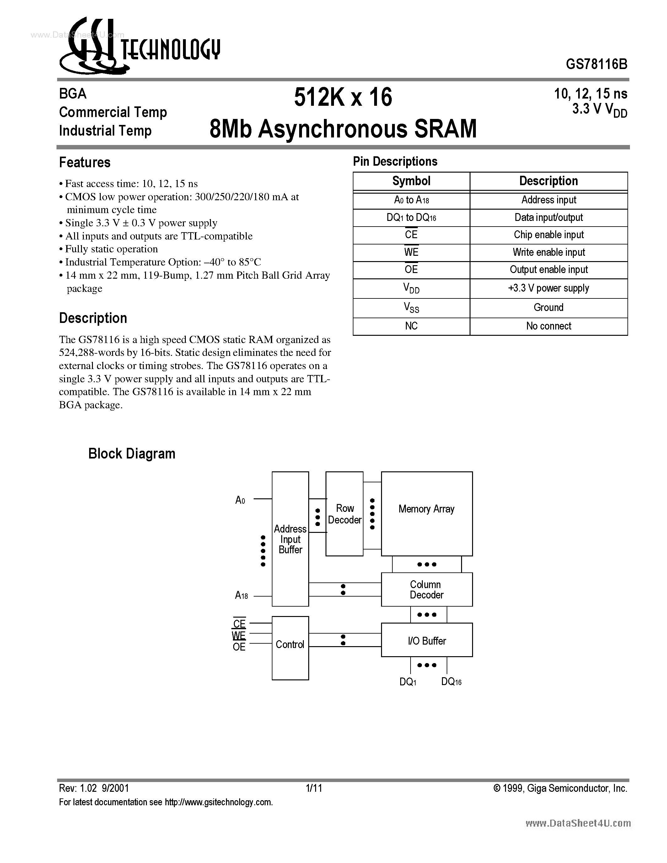 Даташит на микросхему GS78116B страница 1 Даташит GS78116B - 512K x 16 8Mb Asynchronous SRAM страница 1